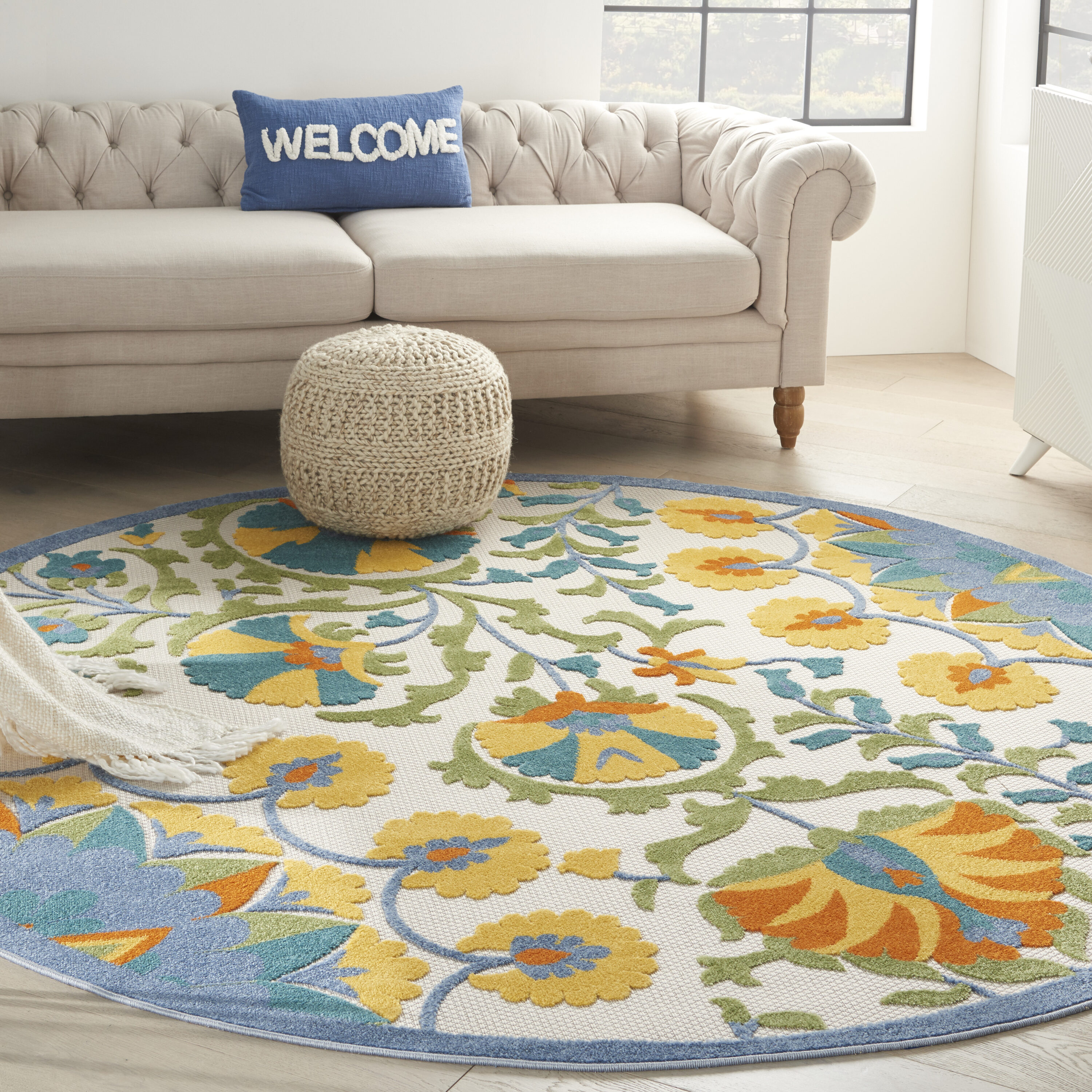 Nourison 99446828354 Aloha 8 x 8 (ft) Loomed Polypropylene Multicolor Round Indoor/Outdoor Floral/Botanical Area rug