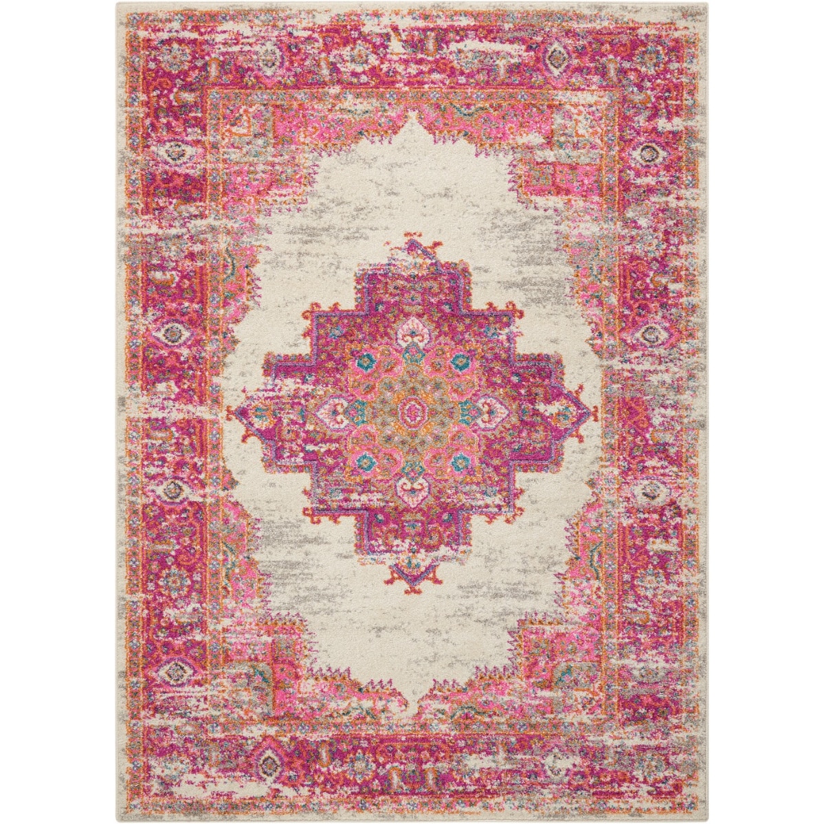 HomeRoots 4000385323 5 x 7 (ft) Loomed Polypropylene Ivory Fuchsia Rectangular Indoor Area rug