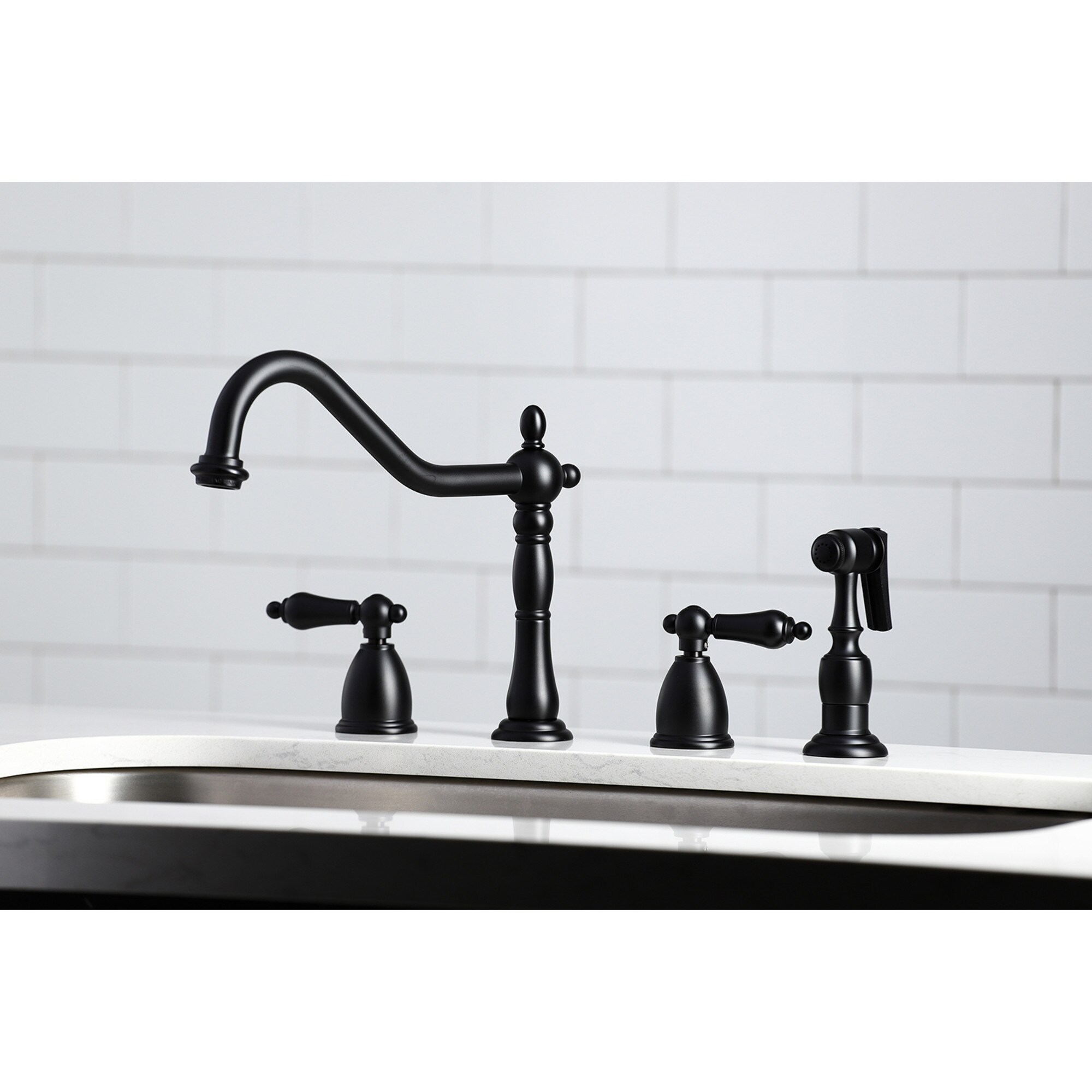 Kingston Brass WLKB1790ALBS Heritage Matte black Double Handle Deck-mount Kitchen Faucet with Sprayer ( Side Sprayer Included )