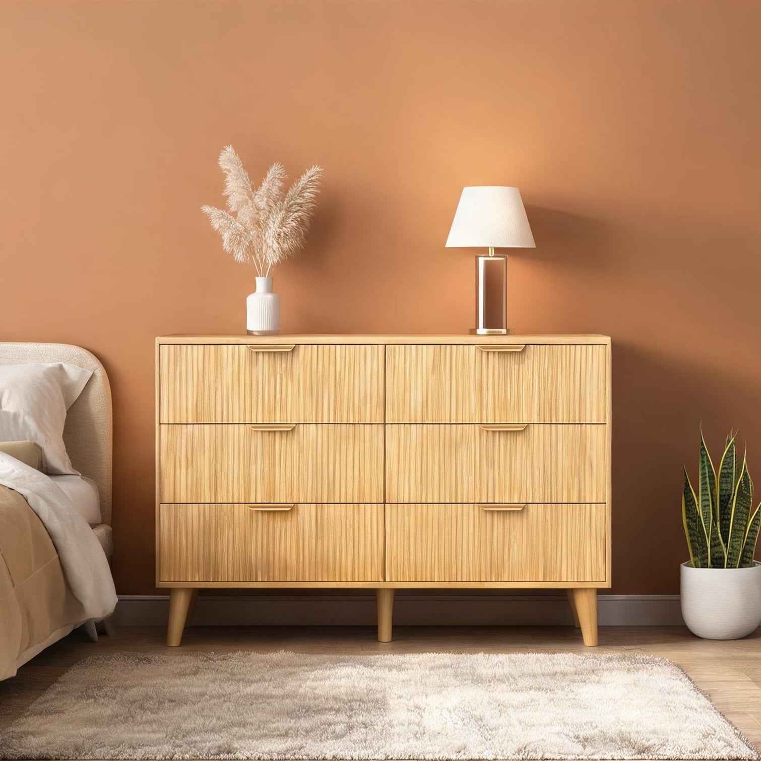 Naturefalls Warm natural wood six-drawer double dresser with wave front ...