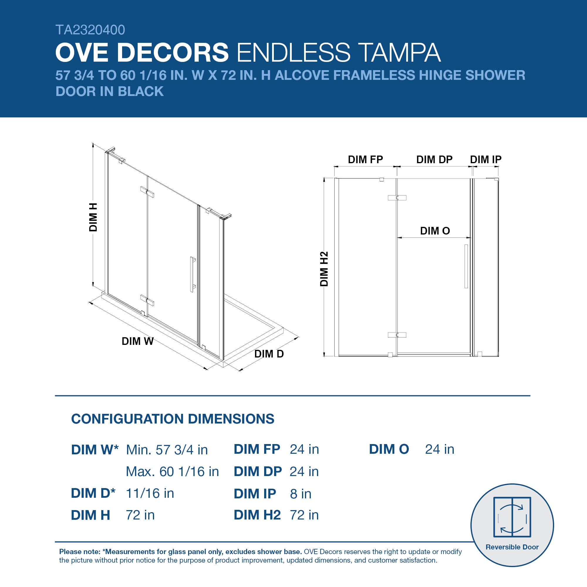 Tampa-Pro 72" Black Frameless Alcove Shower Kit with Tempered Glass