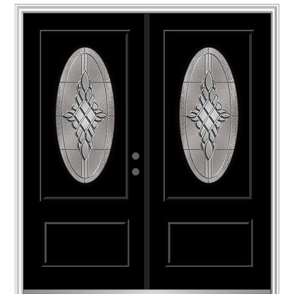 MMI DOOR ZZ365949L 72-in x 80-in x 4-9/16-in Fiberglass Oval lite Left-hand inswing Black Painted Prehung Double Front Door with Brickmould Insulating core