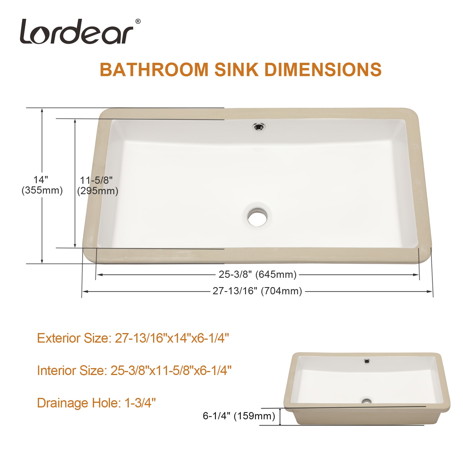 Lordear Ceramic Undermount Rectangular Modern White Bathroom Sink (27. ...