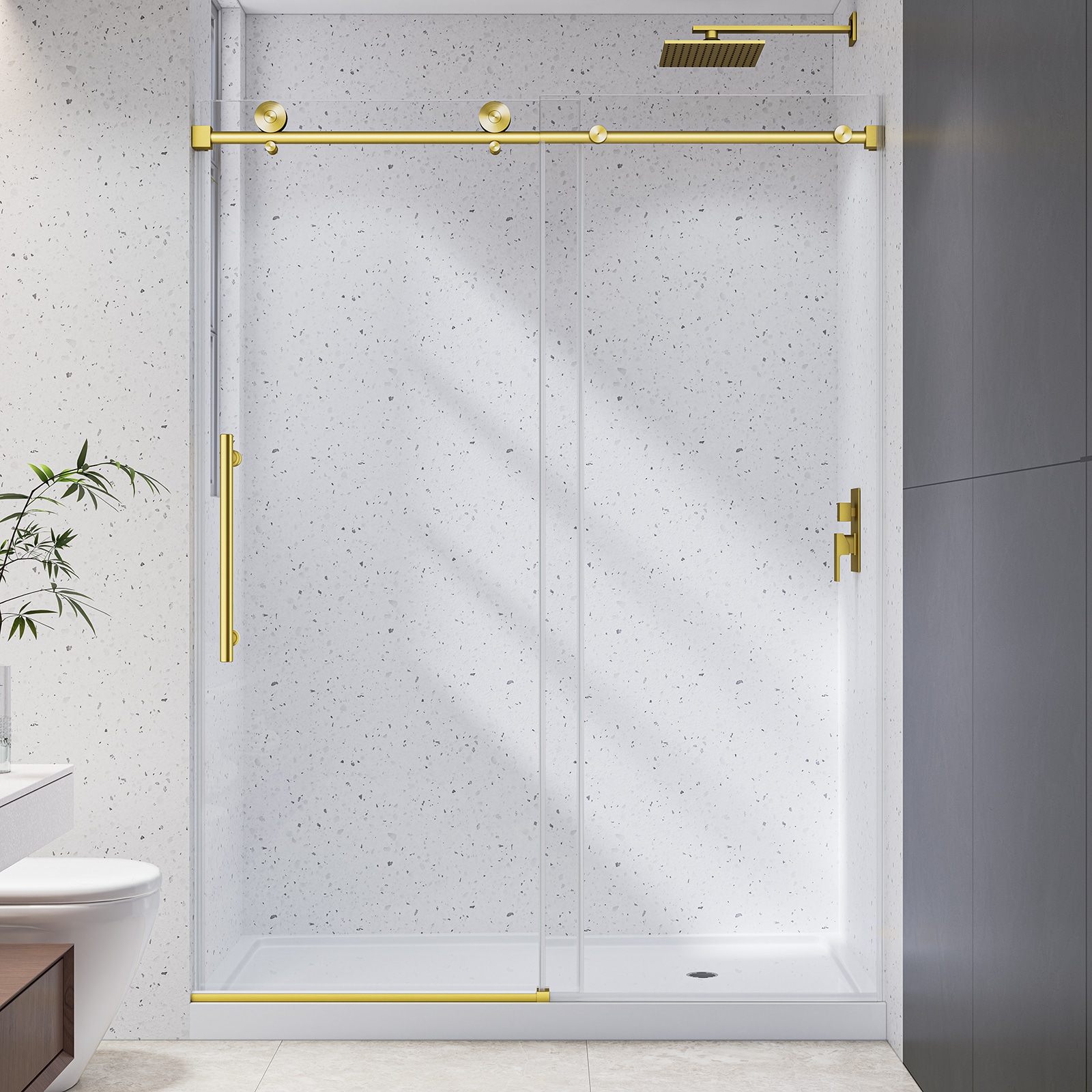GDFStudio 55-60 Inch W x 78 Inch H Brushed Gold Frameless One Fixed Glass Door and One Sliding Shower Door with 6mm Tempered Glass and Nano Coating