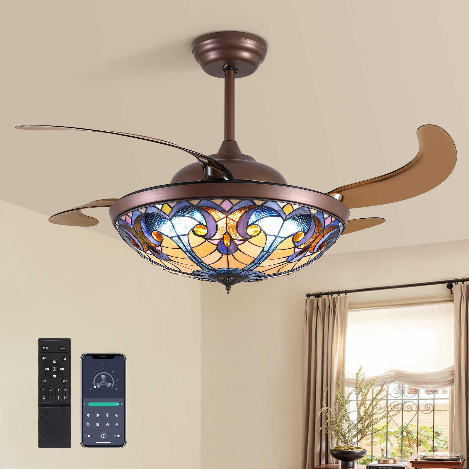 Liwidu  52inch Brown Tiffany Vintage Fandelier Retractable Dimmable Ceiling Fan with Remote App Control
