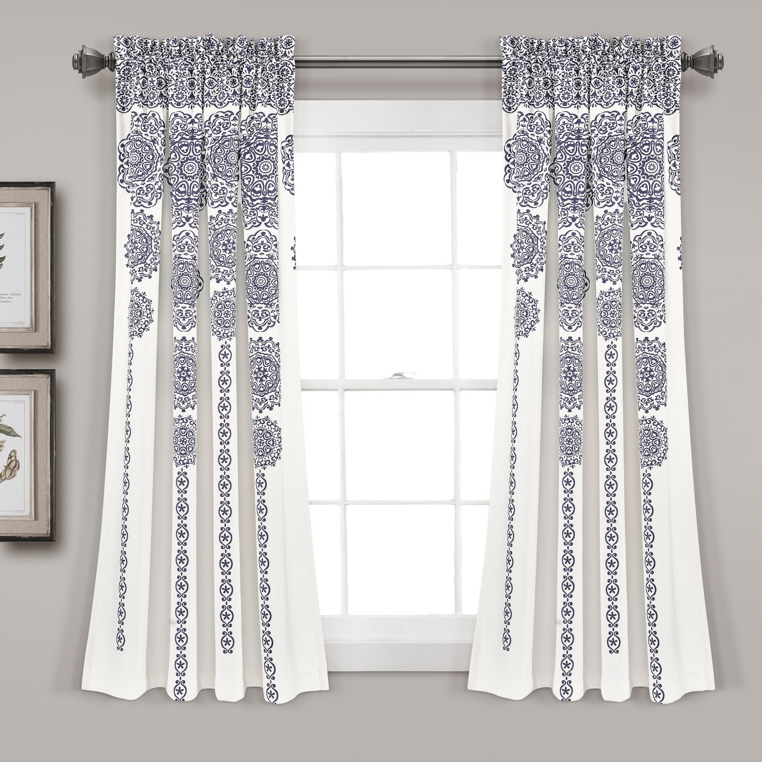 Navy and White Medallion Print Polyester Blackout Window Panels