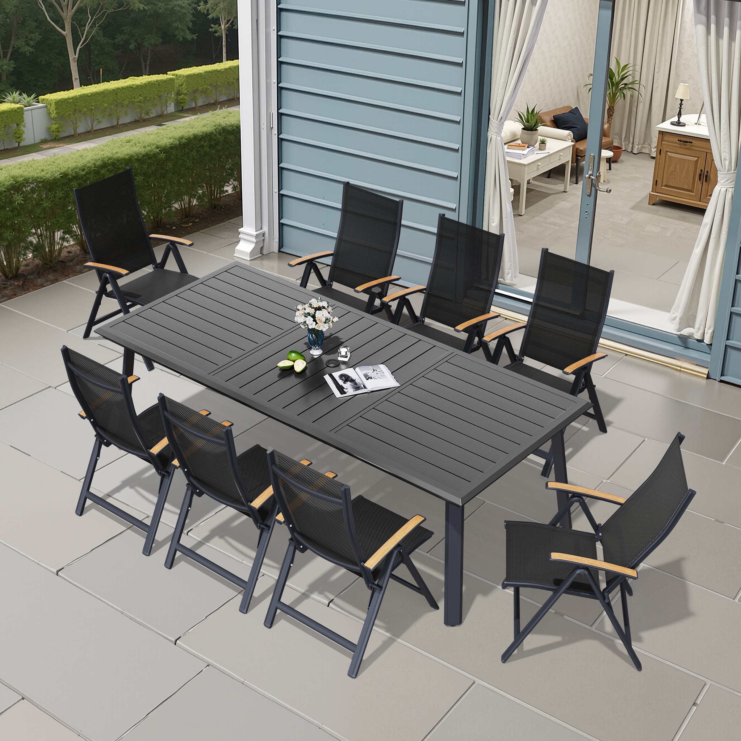 Pellebant Black Patio Dining Set with Aluminum Rectangle Table and Stackable Chairs