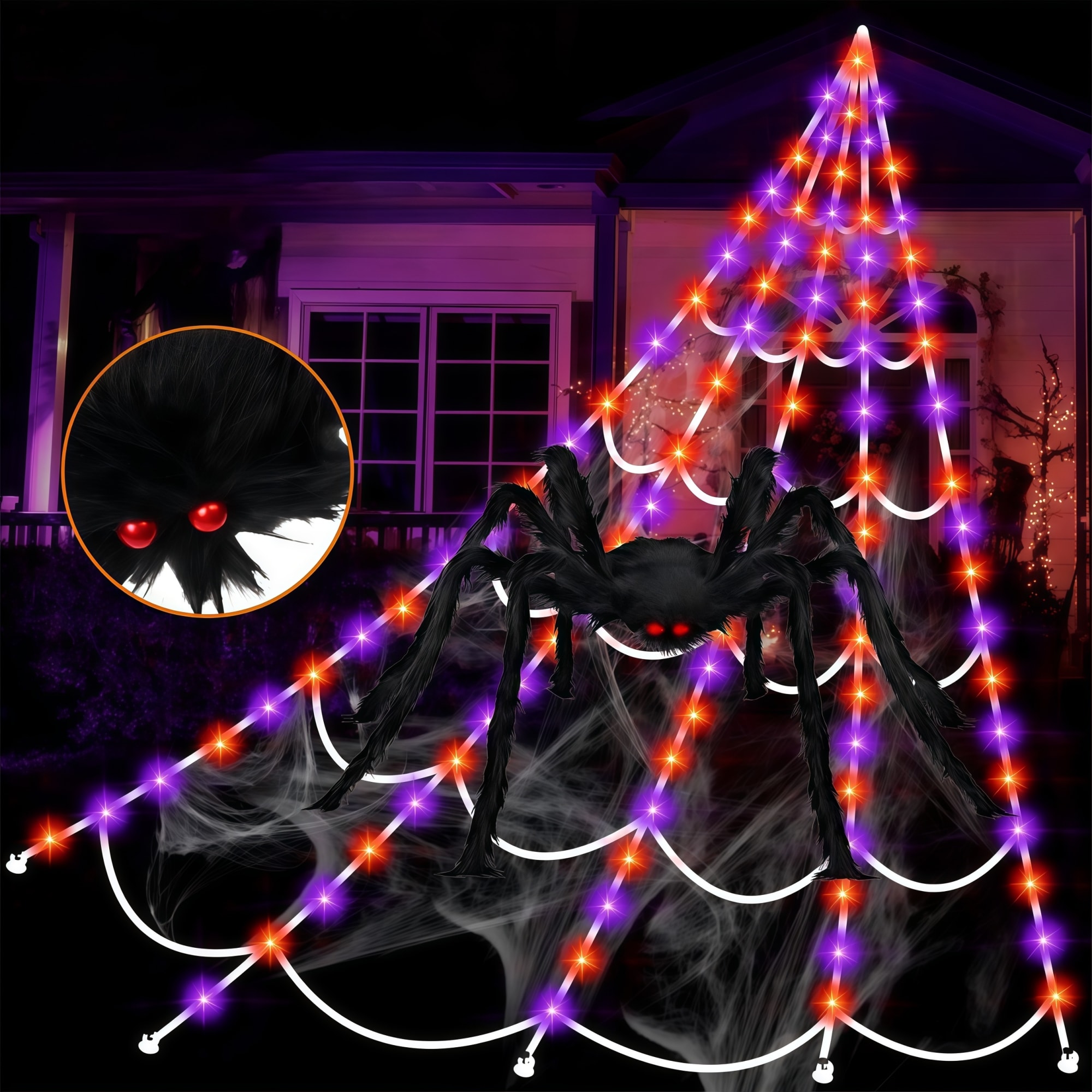 Numhew 17.4ft W 200 LED Purple Orange Spider Web Halloween Outdoor Decoration