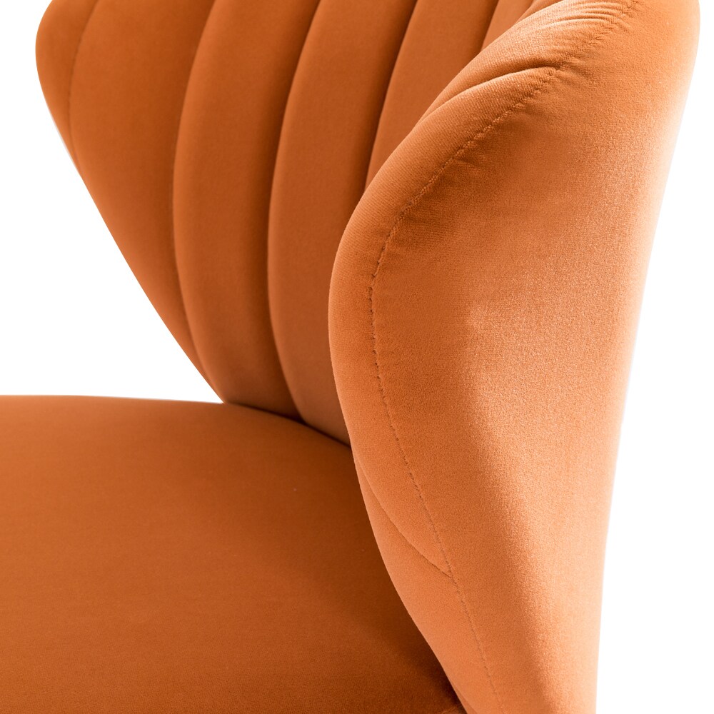 Velvet Upholstered Low Back Side Chair in Orange with Brass Legs, Set of 2