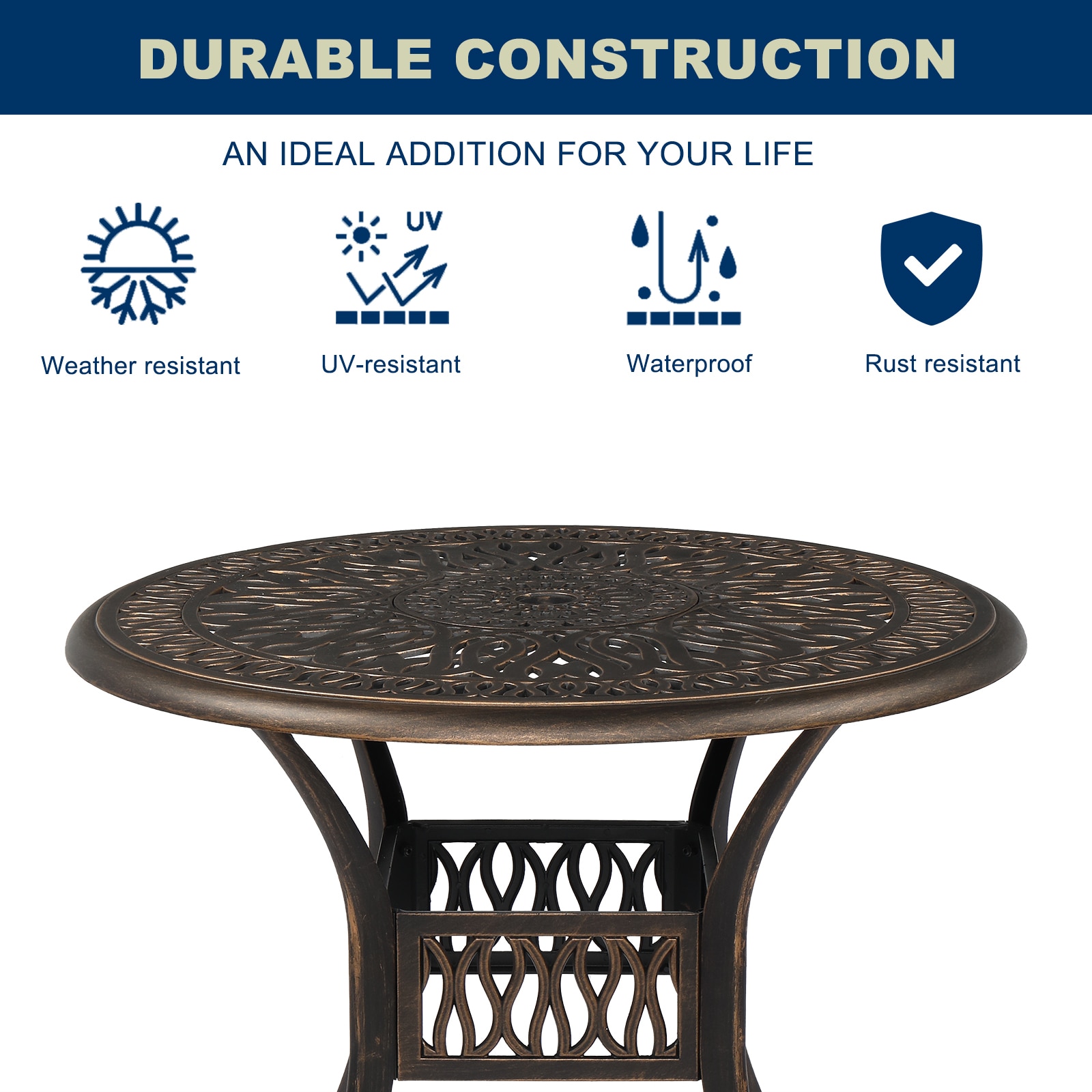Round Deep Bronze Aluminum Outdoor Dining Table with Umbrella Hole