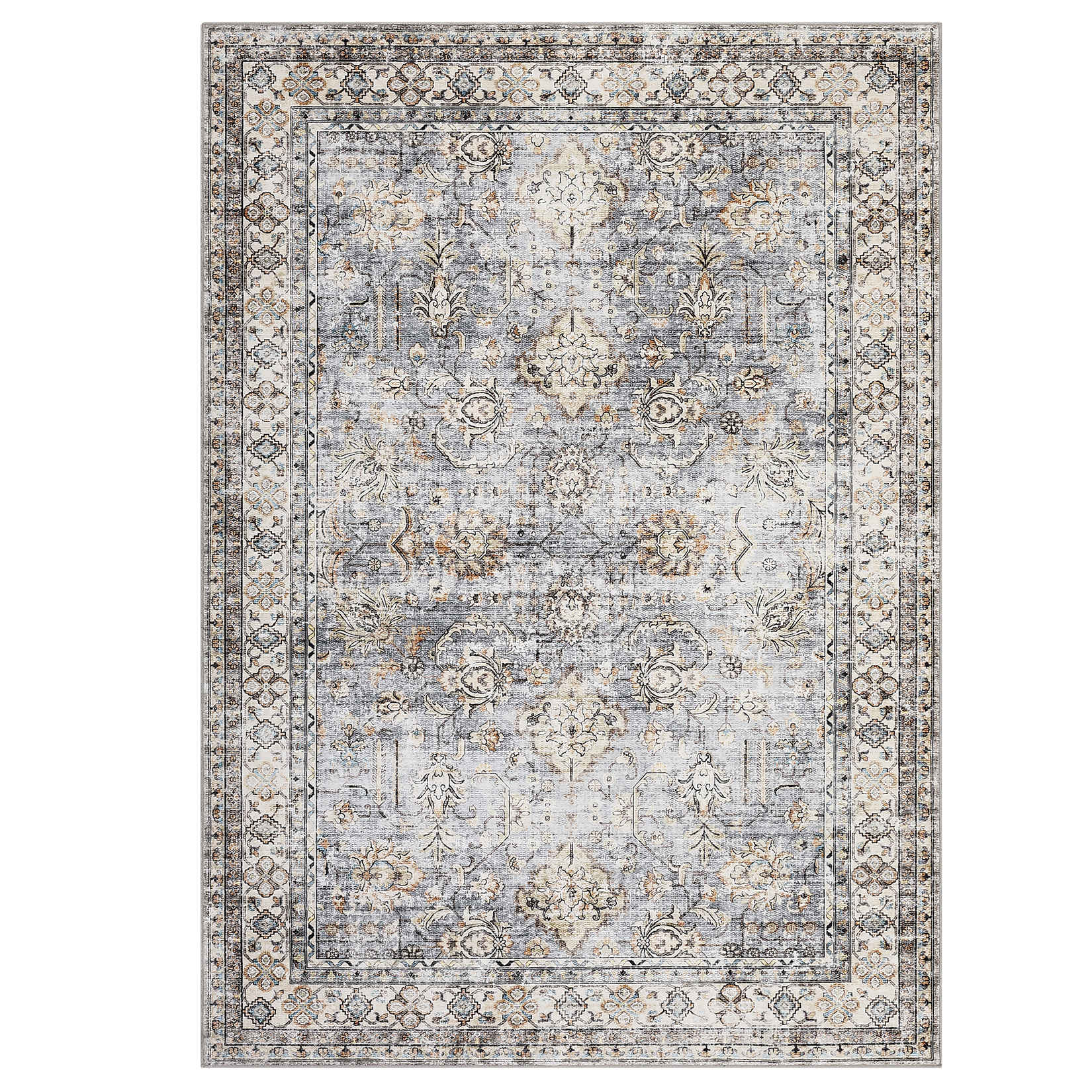 Qeetex LSN-PHK-345C43PW 9 x 12 ft Polyester Cashmere Blue Rectangular Hallway Bathroom Entryway Kitchen Office Foldable Flower Printed Persian Washable Area Rug