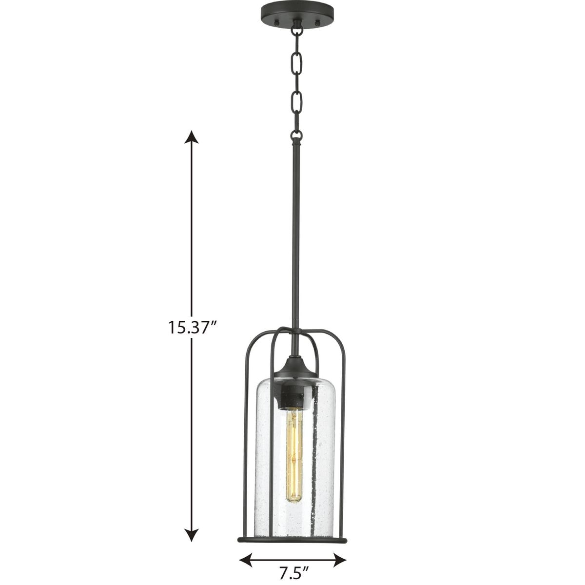 Textured Black Farmhouse Hanging Pendant Lantern with Seeded Glass Shade
