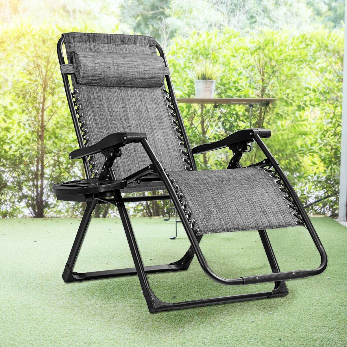 CASAINC Oversize Lounge Chair Patio Heavy Duty Folding Recliner Black Steel Frame Stationary Zero Gravity Chair with Gray Sling Seat