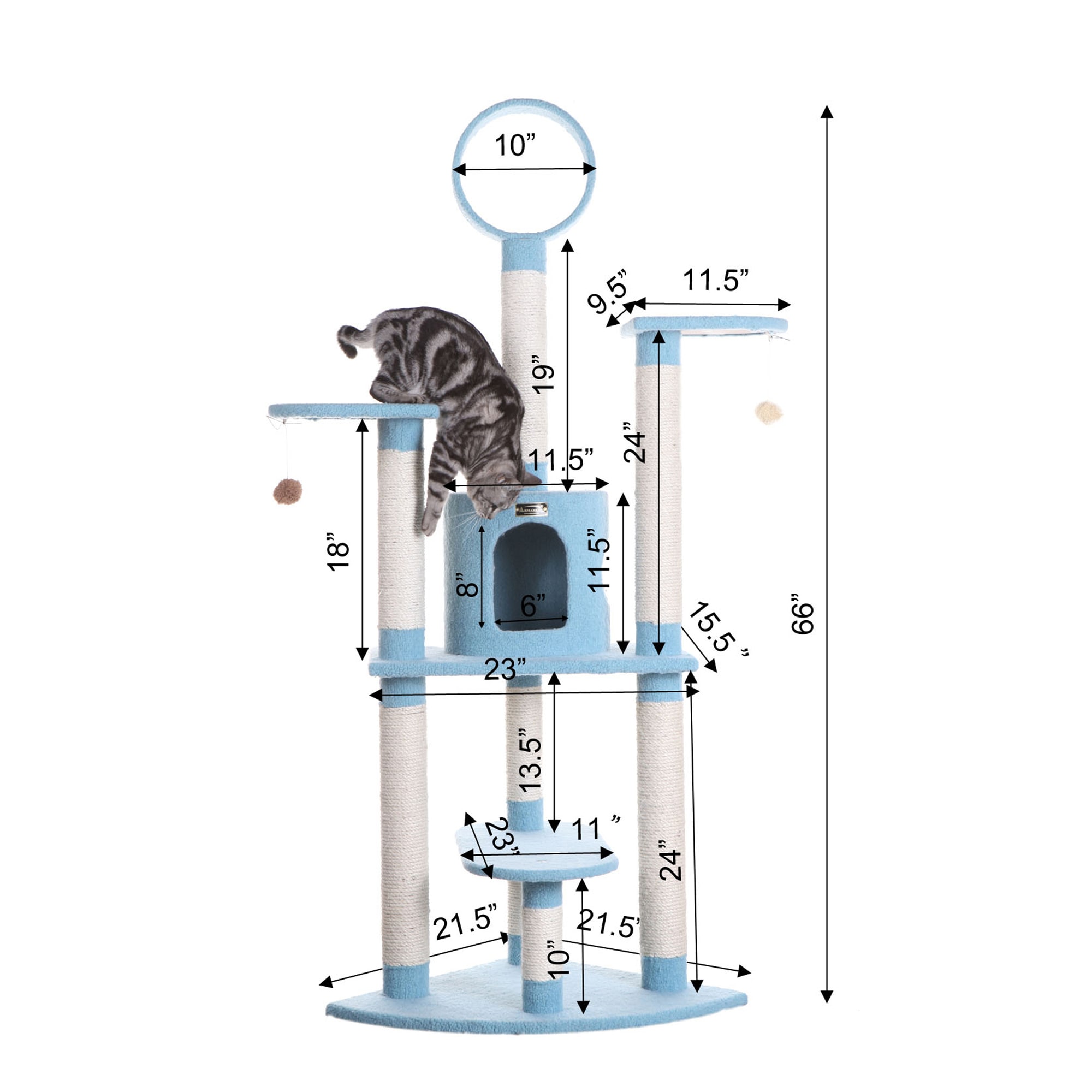 Sky Blue 65-Inch Faux Fleece and Sisal Cat Tree