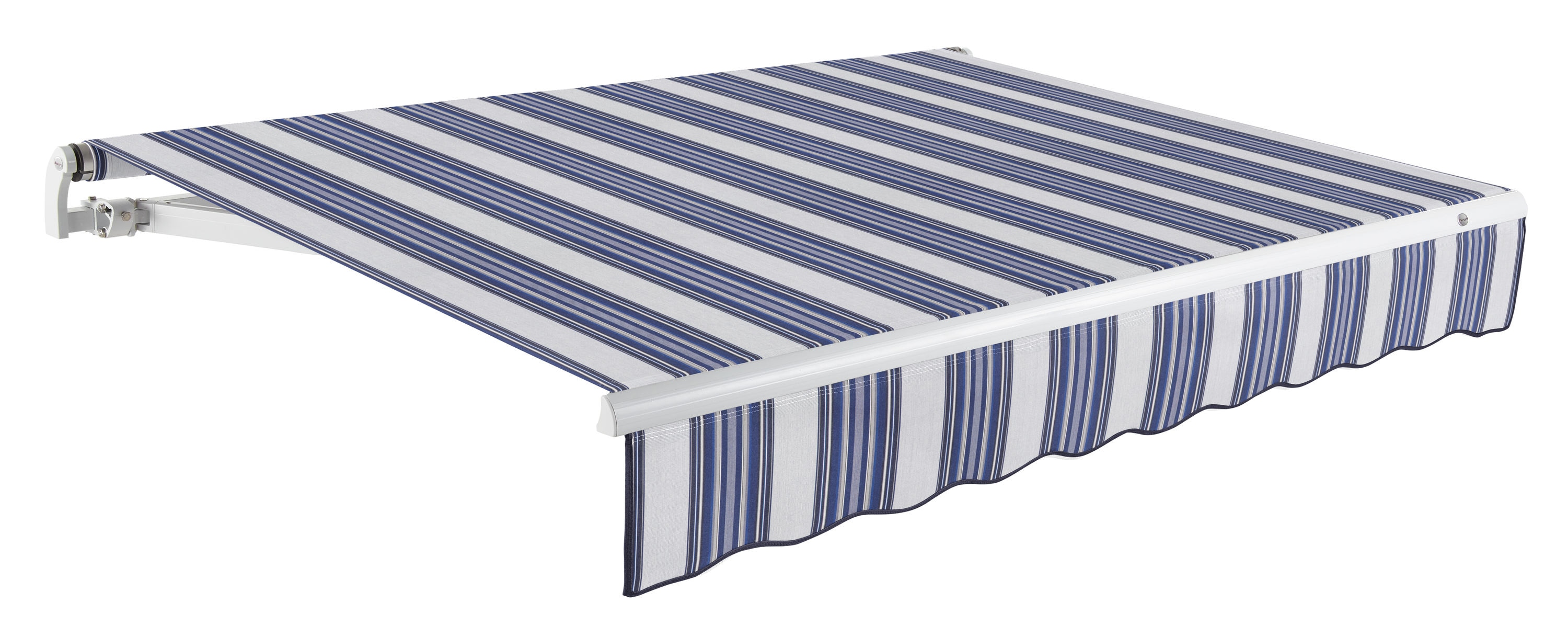 Awntech MTR12-395-NGW Maui Right Motor 144-in Wide x 120-in Projection x 10-in Height Fabric Navy/Gray/White Stripe Striped Motorized Retractable Patio Awning