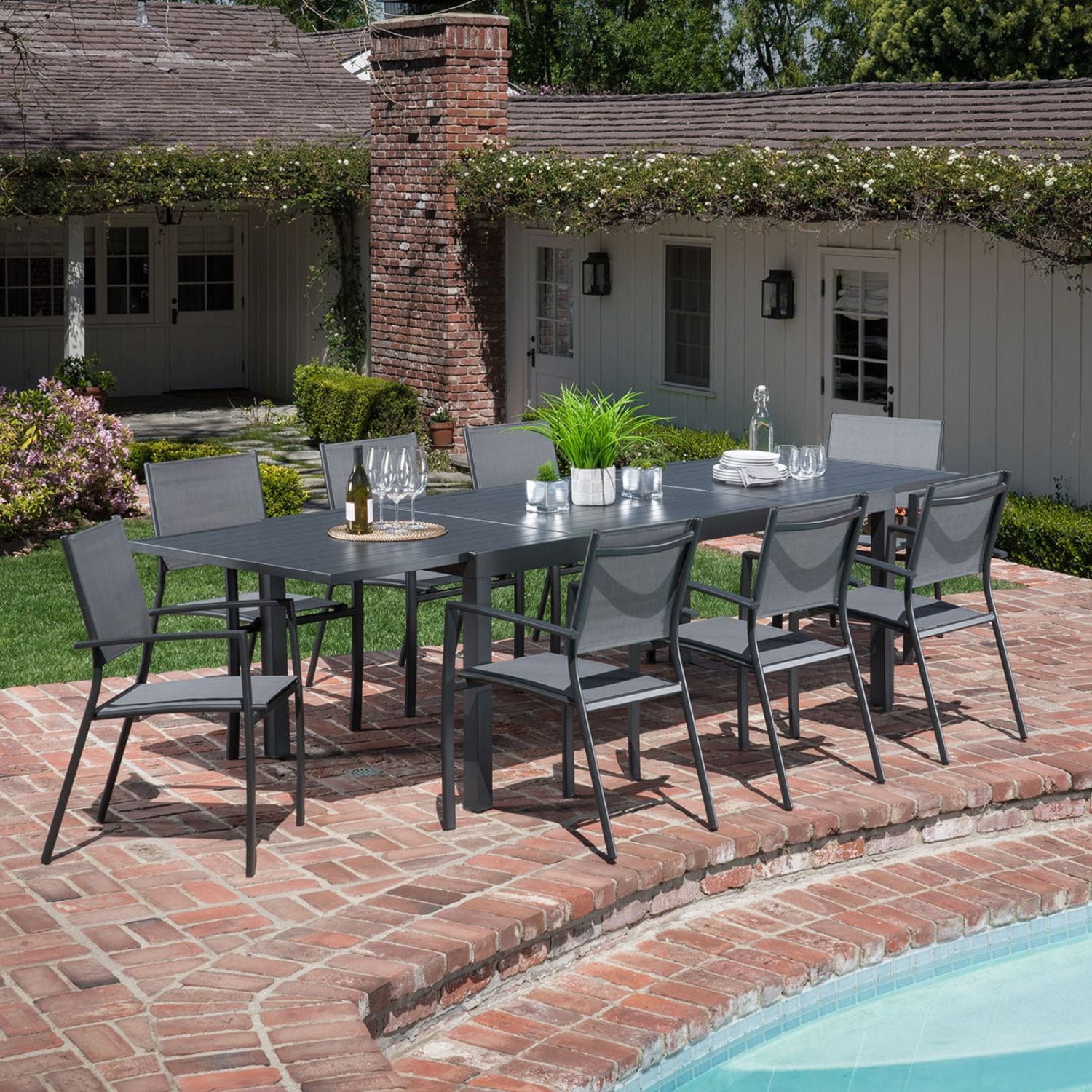 Hanover NAPLESDN9PC-GRY Naples 9 -Piece Gray Patio Dining Set Extendable Table Aluminum Rectangle Table with 8 Gray Stackable Stationary Chairs