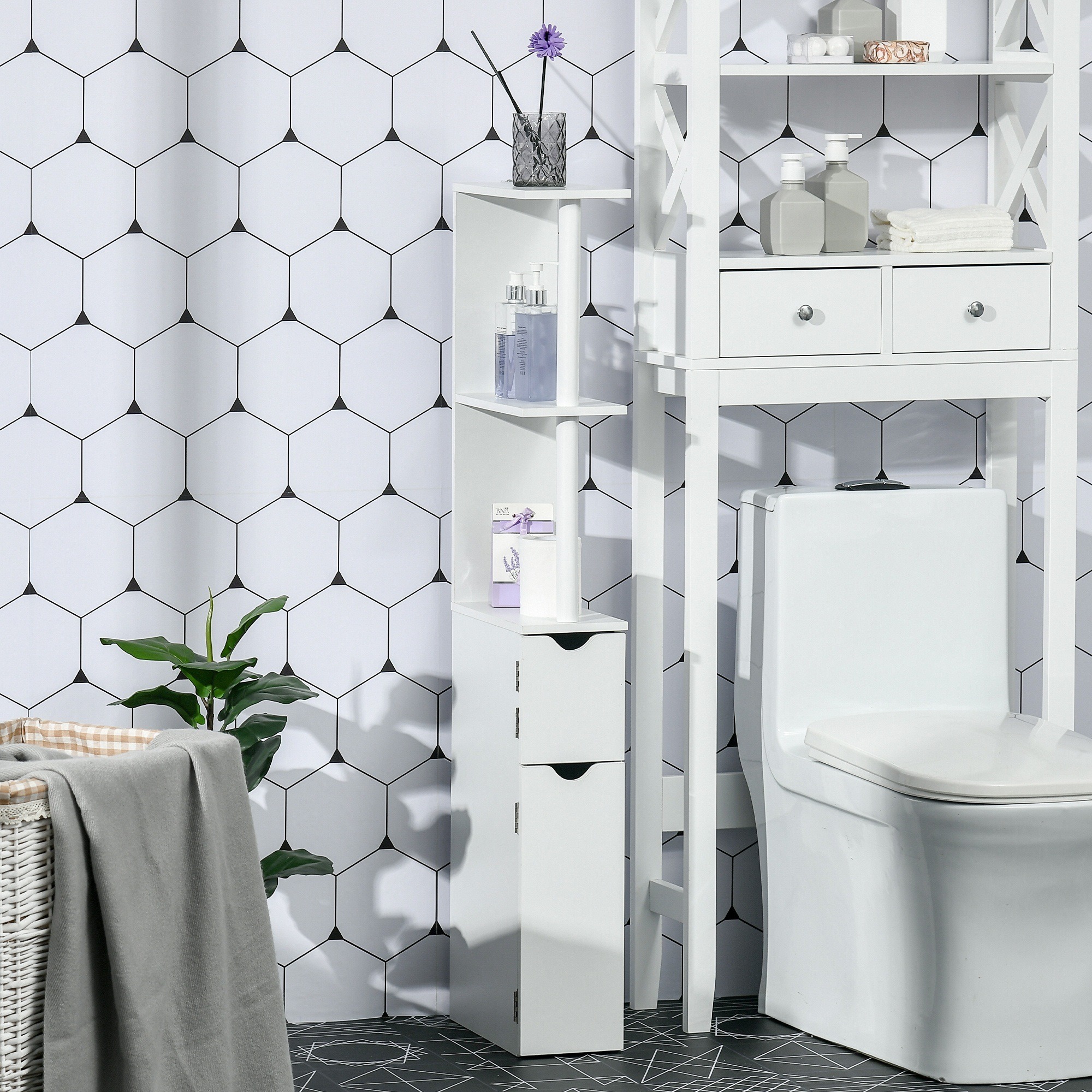 IAK 6 inch x 12 inch x 47 inch White Particle Board Tall Bathroom Storage Cabinet with 2 Open Shelves and 2 Door Cabinets