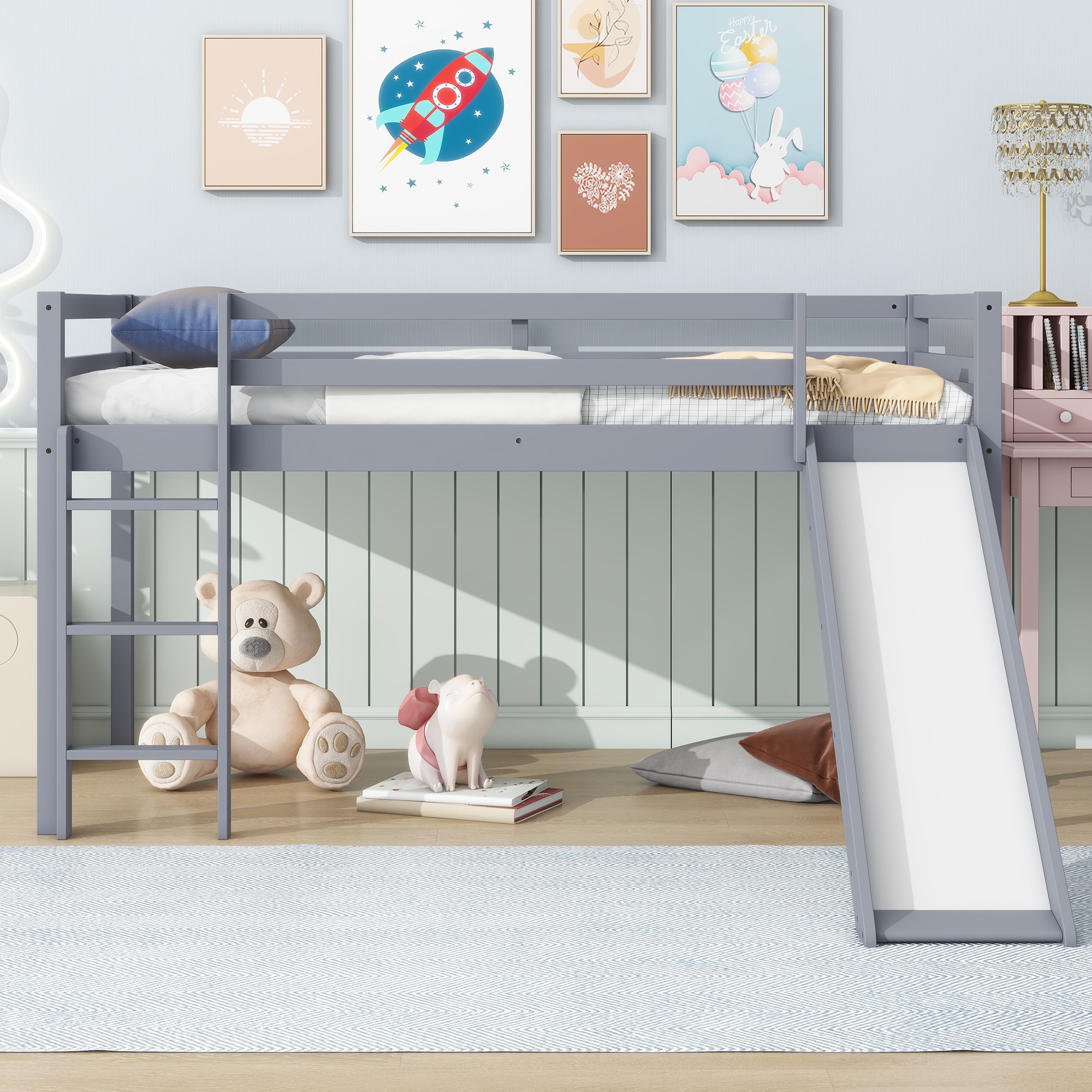 Bellemave Light Gray Twin Solid Wood Loft Bed with Slide and Ladder Space-Saving Kids Low Loft Bed with Guardrails No Box Spring Required