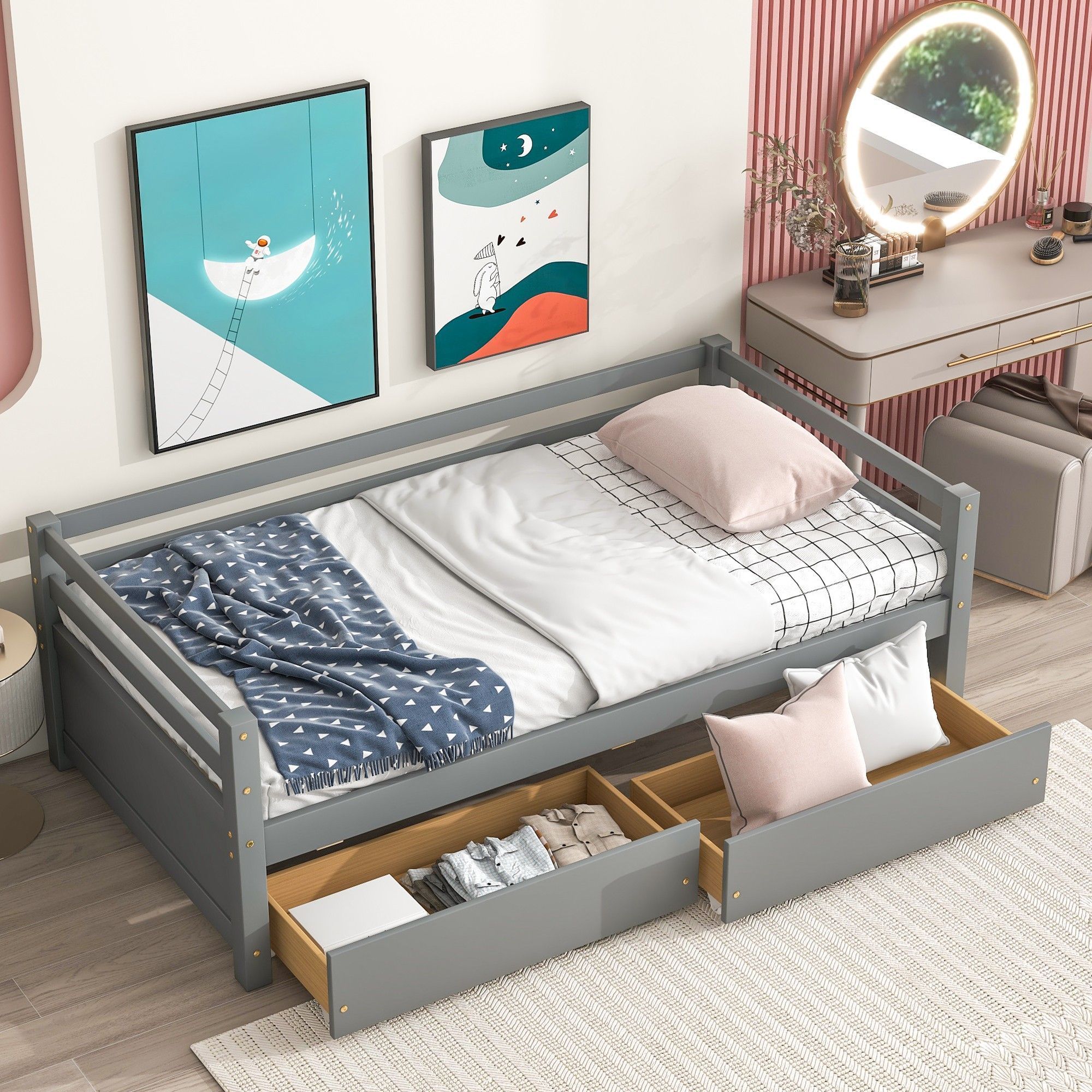 Yiekholo Gray Twin Daybed with Storage - Contemporary Wood Frame - Twin ...