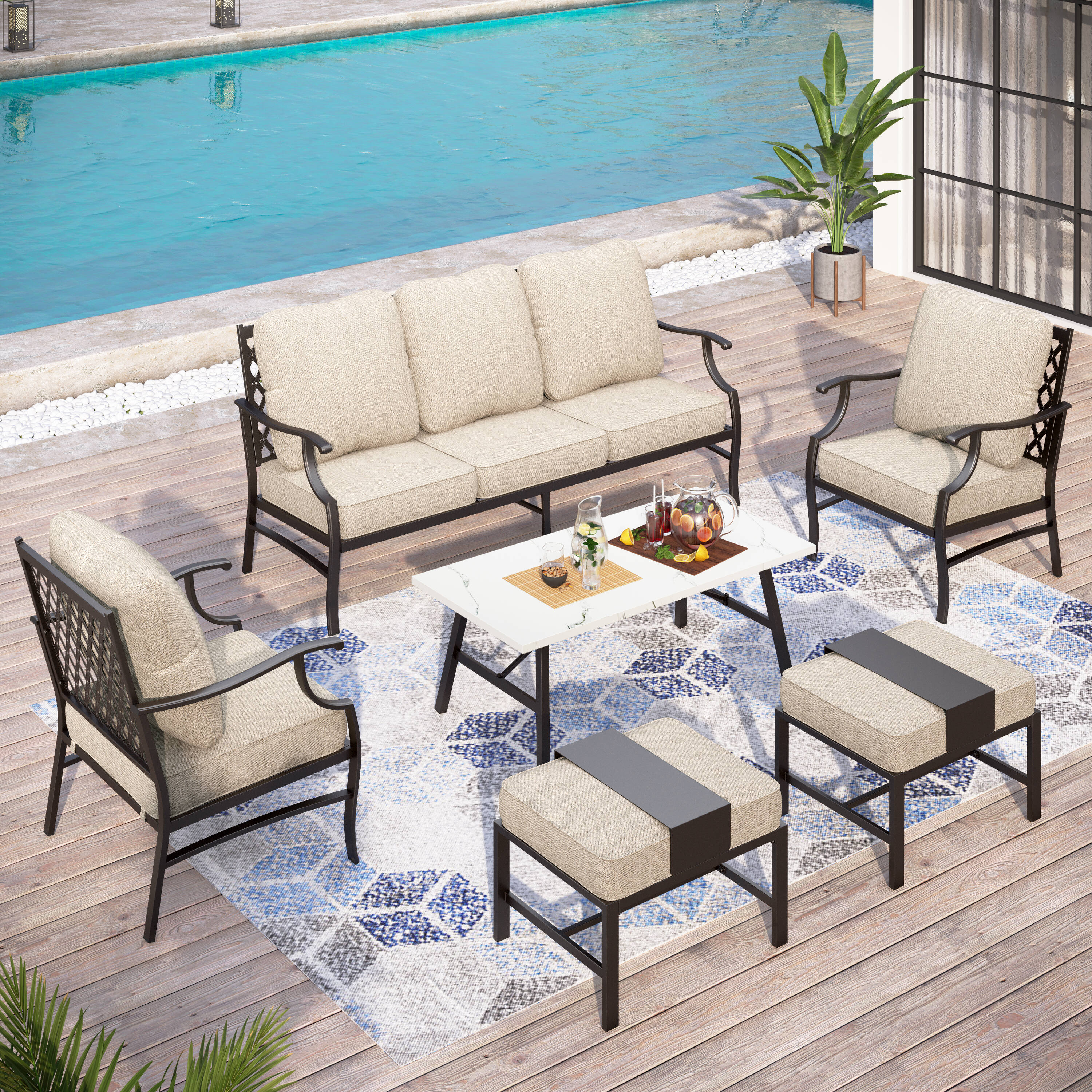 Sunshine Valley CP003-01-7 6-Piece Patio Sofa Conversation Set with Tan Cushion Pro Cushions