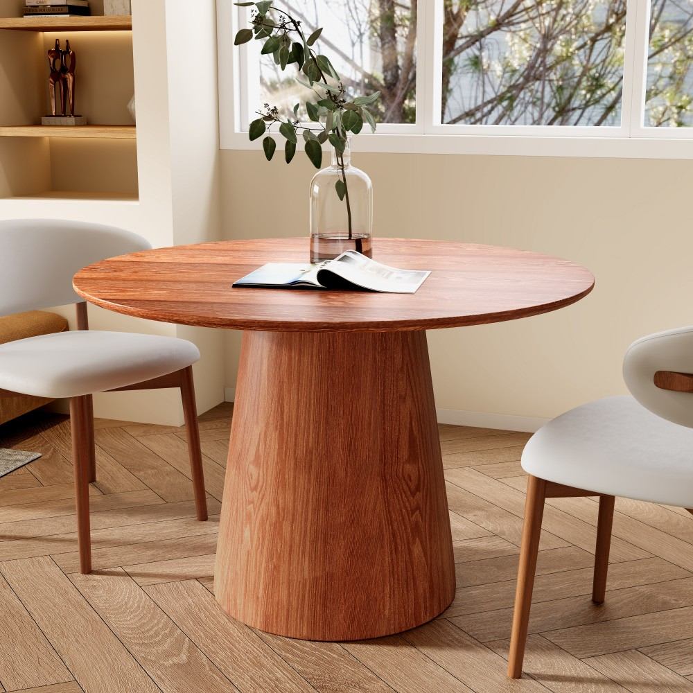 Coolbibila REMY-TABLE-WALNUT 43 Inch Farmhouse Round Walnut Finish Solid Wood Kitchen Dining Room Table with Pedestal Base for 6