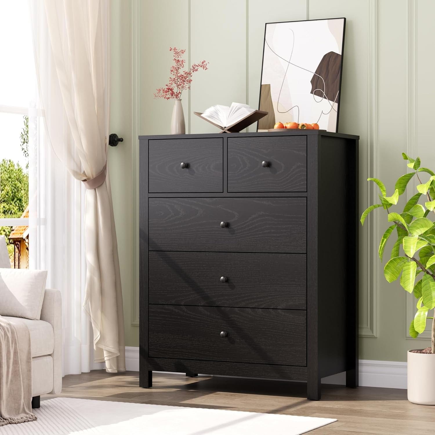 Der Rose Chest of Drawers  5-Drawer Cabinet with Column Legs  Black  Modern Storage Solution  Spacious  Durable Organizer for Bed