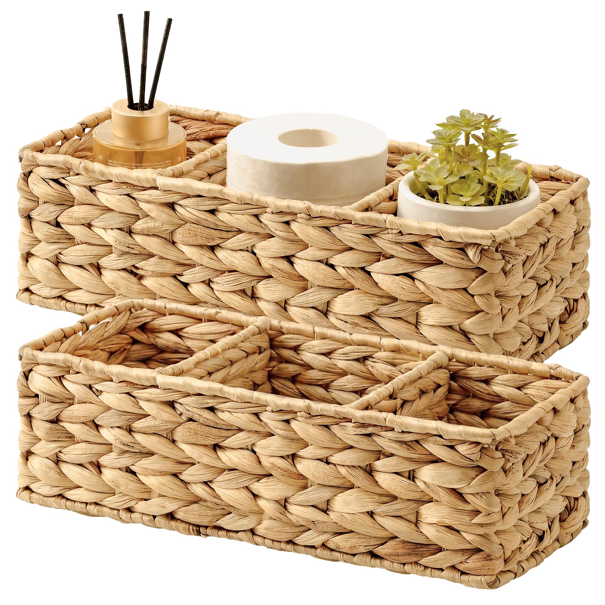 LAIFUCAM  Wicker Basket Tank Topper Wicker Storage Basket for Shelves Toilet Paper Basket for Back of Toilet Tank Top 3 Section Water Hyacinth