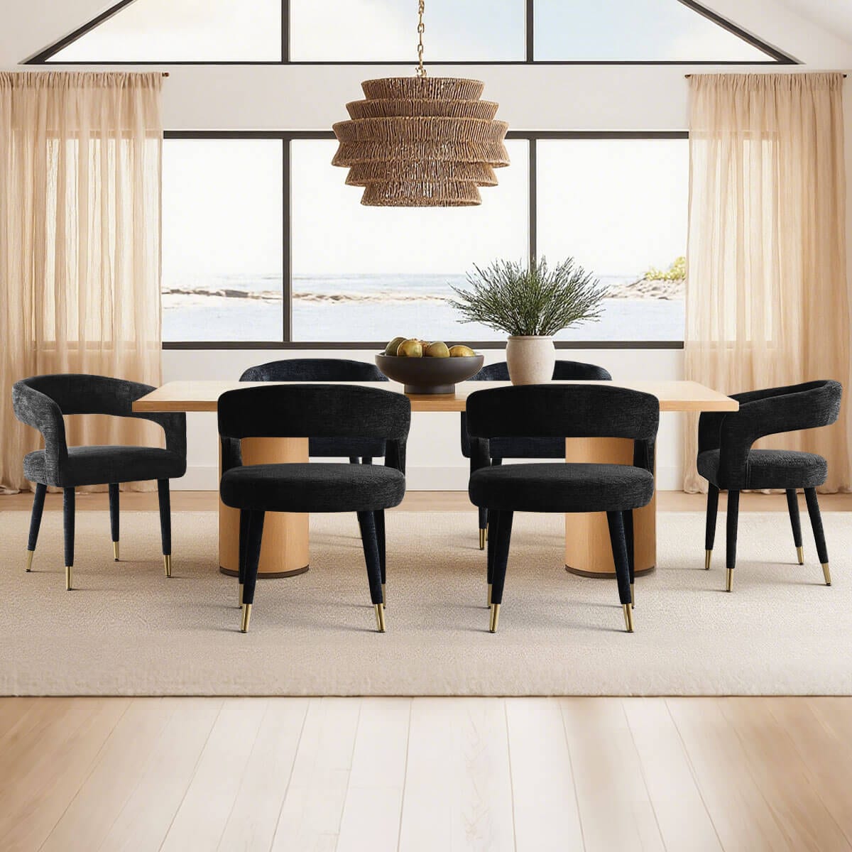 Maison Boucle ANNA-CHAIR-BLACK-6 Set of 6 Modern Black Upholstered Dining Chairs with Curved Back and Sleek Gold Metal Legs