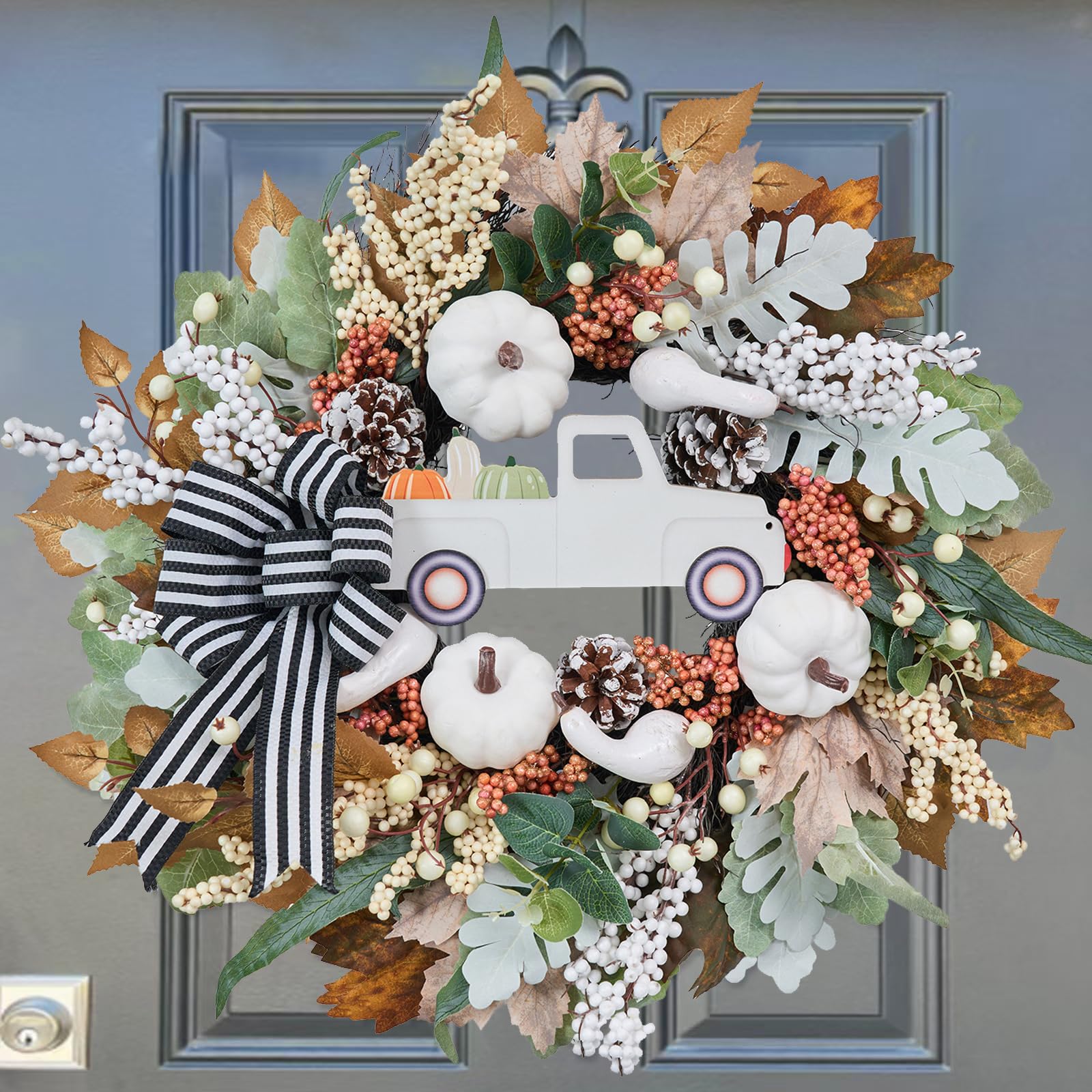 KIWDZFU  Fall Wreath for Front Door 20 Inch White Pumpkin Door Wreath with Truck and Bow Harvest Porch Decor Fall Decoration Indoor Outdoor