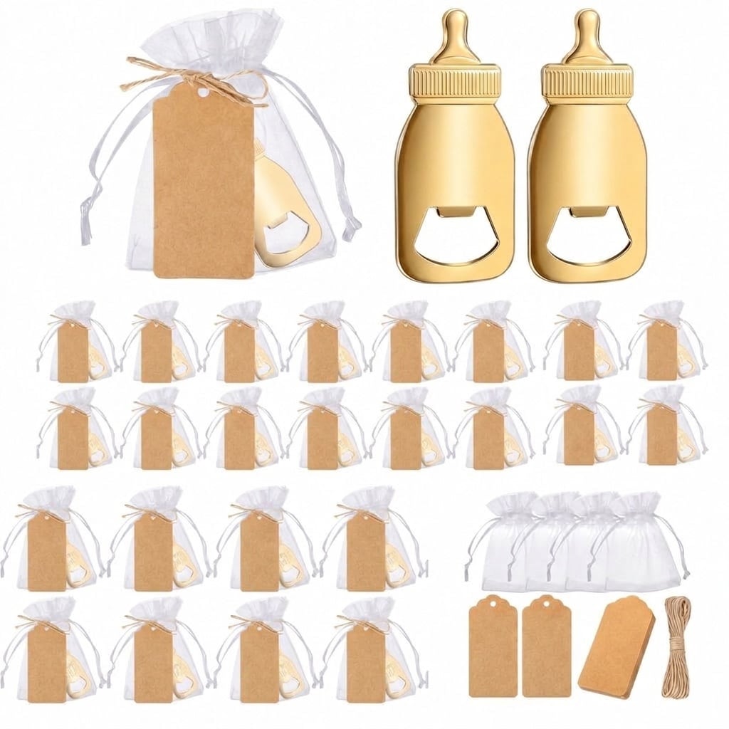 Aoibox  Retro Style Gold Zinc Alloy Baby Bottle Shaped Bottle Opener with Organza Bags and Tags Set of 73