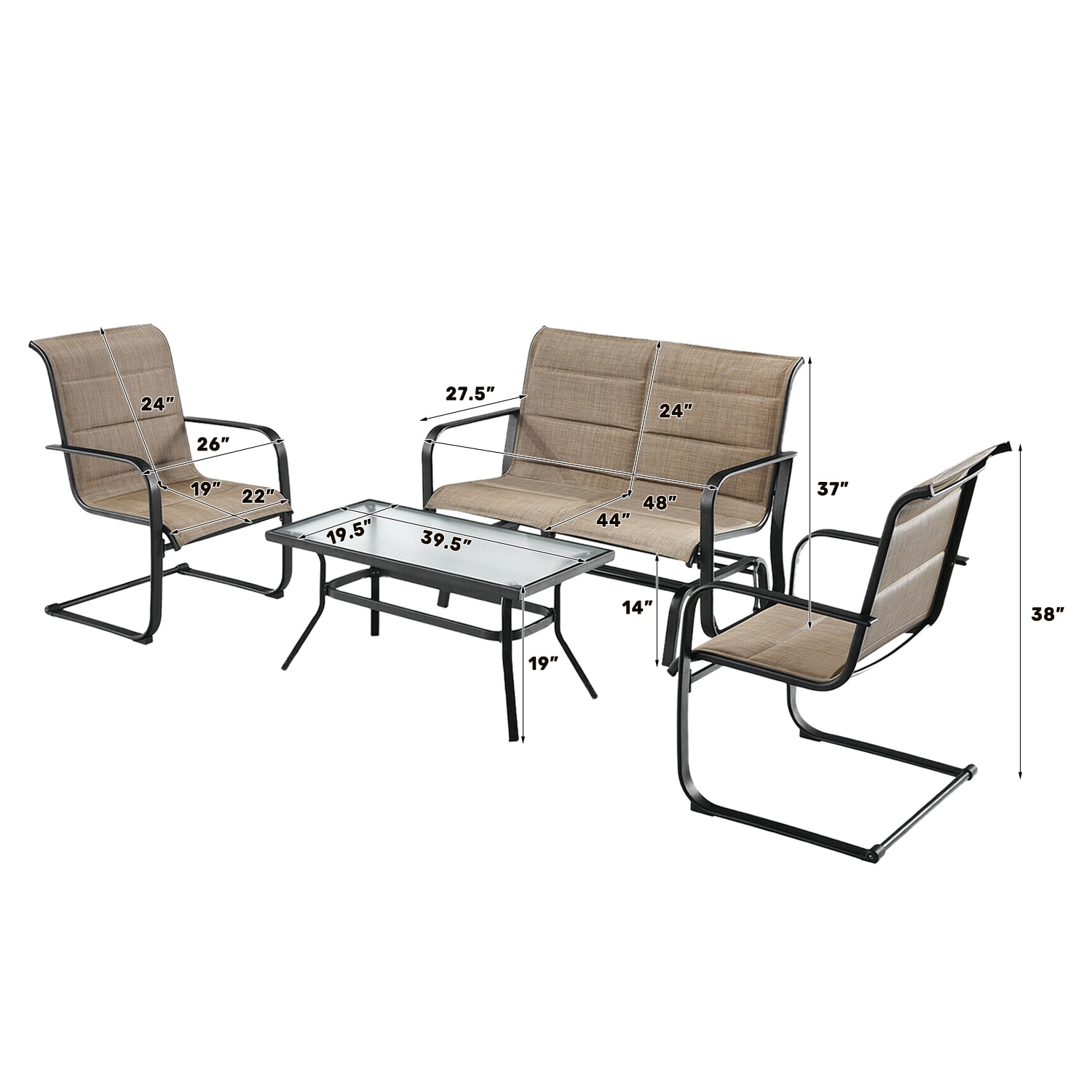 Brown Steel and Tempered Glass Outdoor Patio Furniture Set
