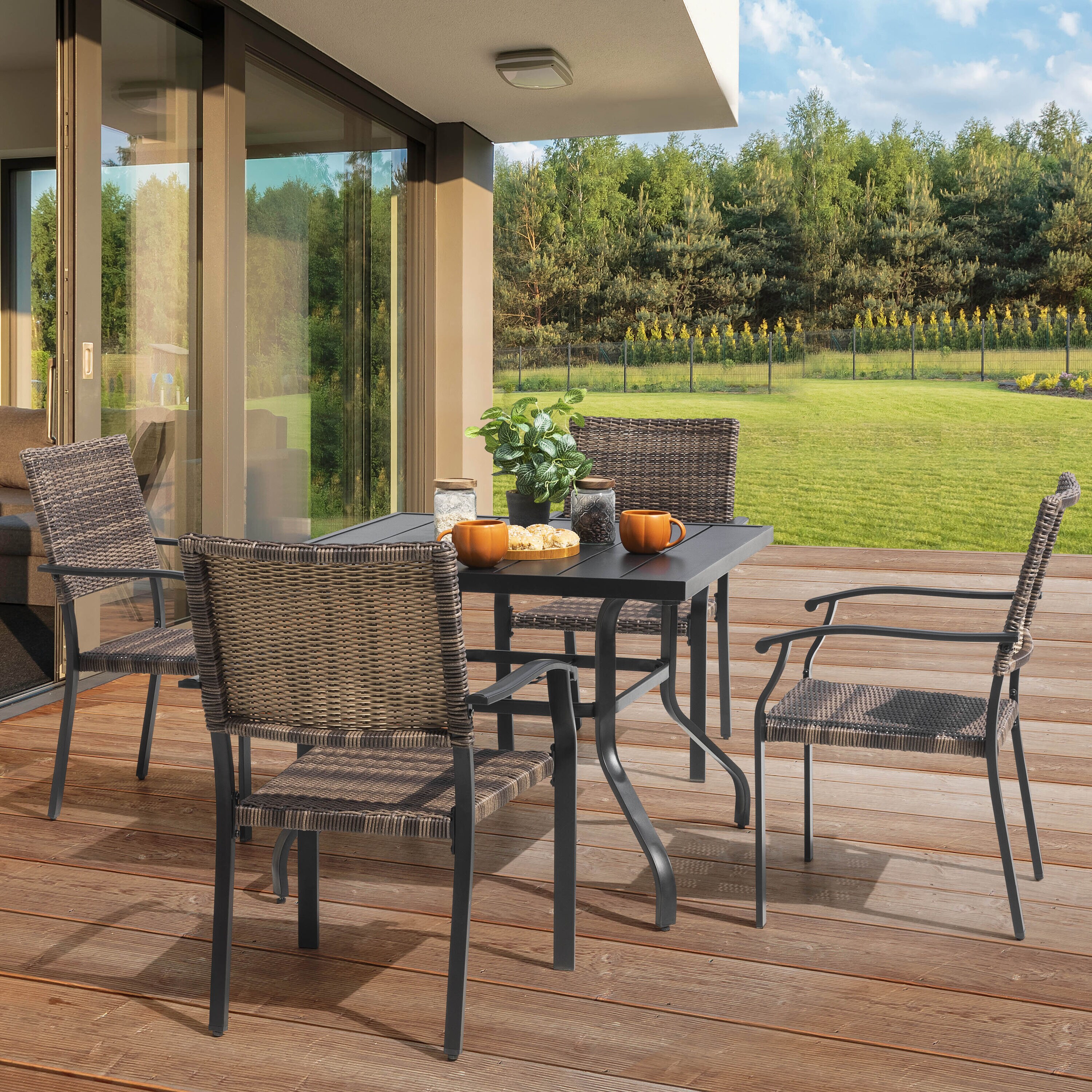 Black Iron Square Table with Mixed Wicker Chairs Outdoor Dining Set