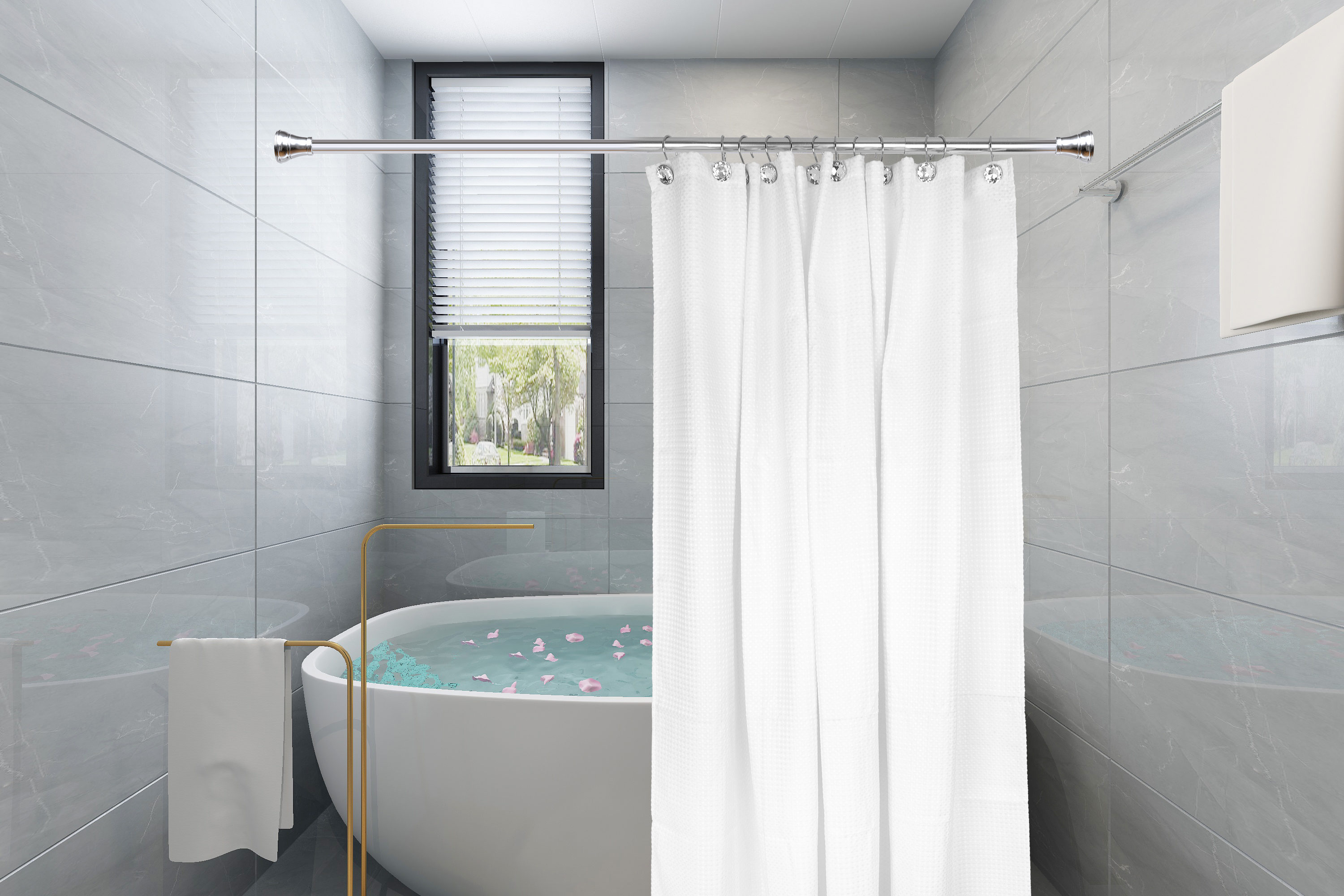 Polished Chrome Crystal Design Shower Curtain Hooks Set