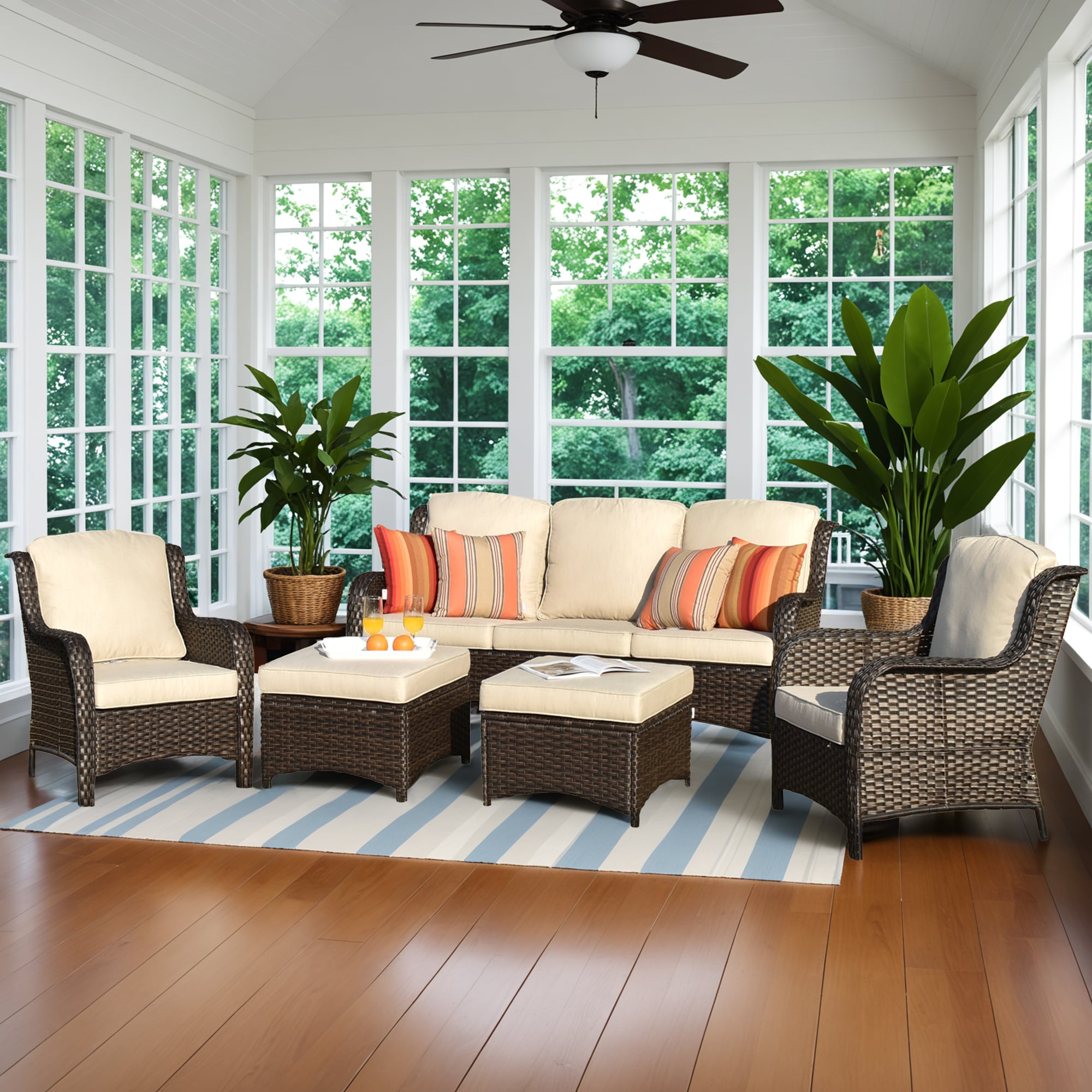 Ovios NTC600 New Kenard 5 -Piece Woven Patio Sofa Conversation Set with Off-white Cushions