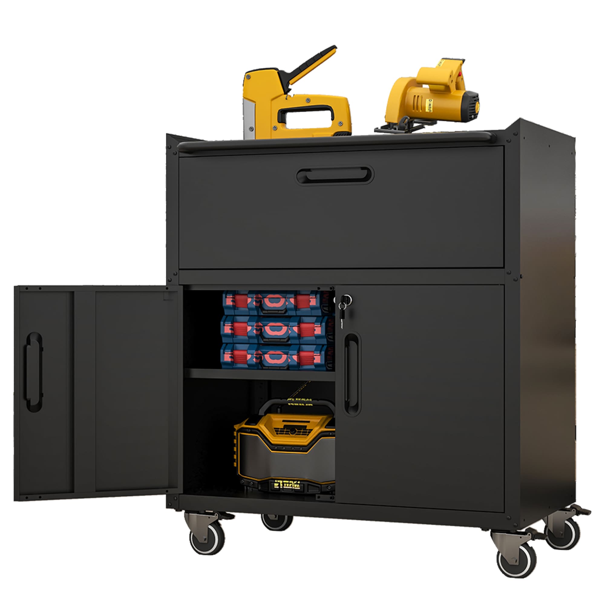 LOVMOR SF-R-T2398P223006 Sturdy and Durable Metal Tool Cabinet for Garage with Wheels - Mobile Heavy-Duty Storage Cabinet with 1 Drawer and 2 Locking Doors Rolling Tool Storage Cabinet Black and Gray
