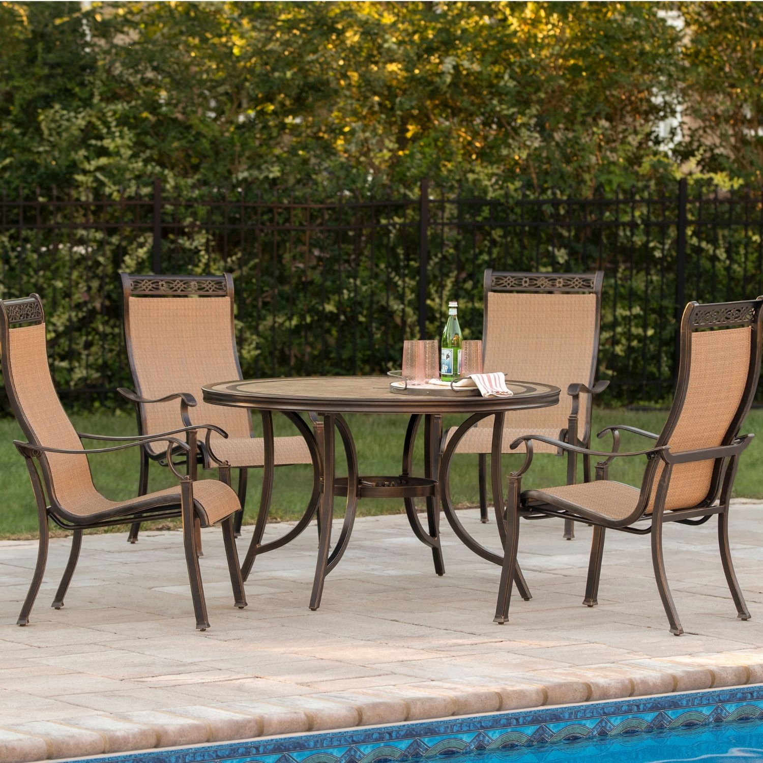 Hanover MONACO5PC Monaco 5 -Piece Bronze Patio Dining Set Aluminum Round Table with 4 Tan Stationary Chairs