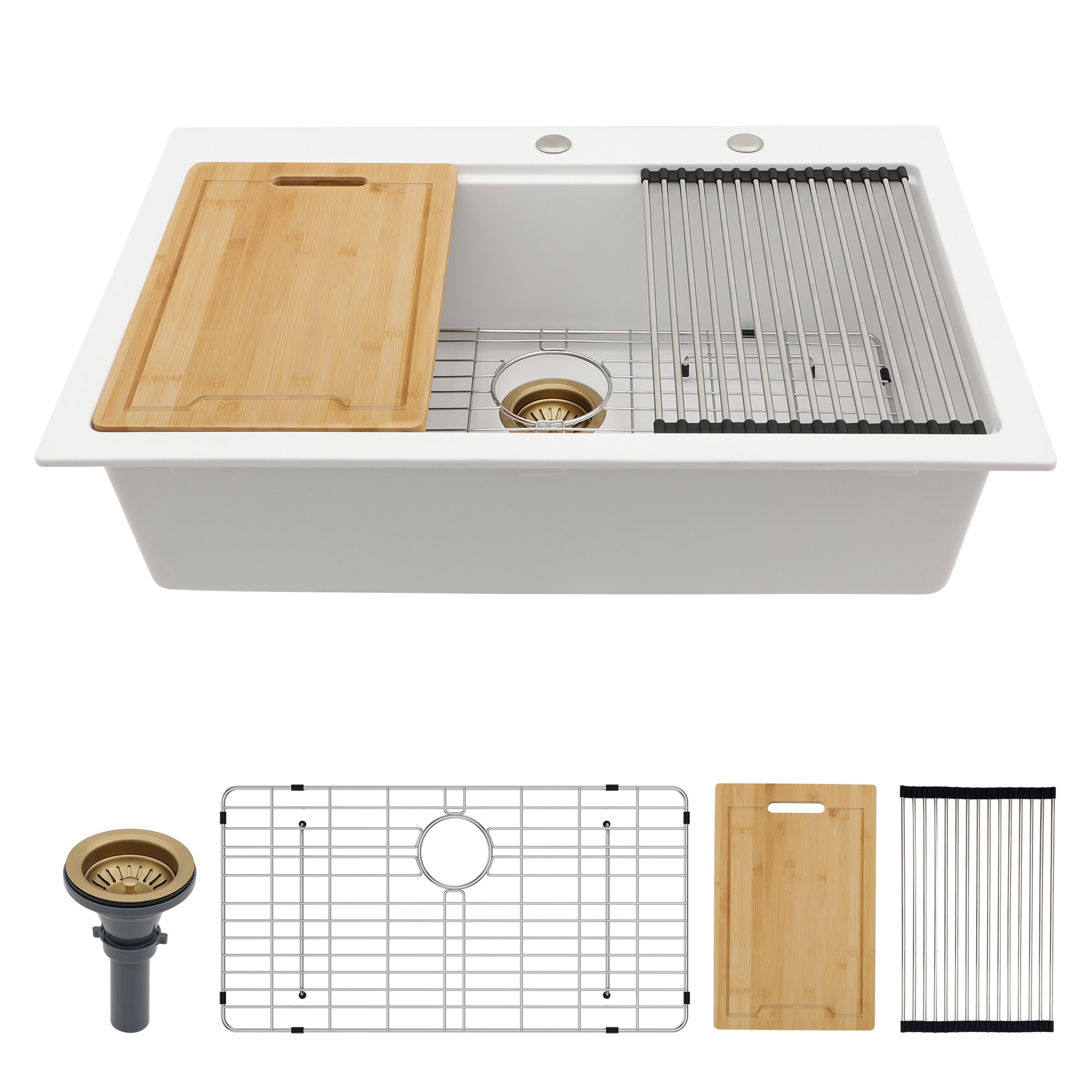Rainlex 33-in x 22-in Drop-in Single Bowl Quartz/Granite Composite Kitchen Sink with Workstation in Matte White