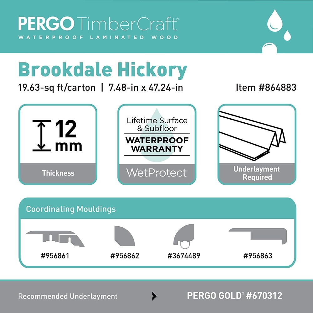 Pergo TimberCraft + WetProtect Waterproof Brookdale Hickory 7.48-in W x 47.24-in L Handscraped Wood Plank Laminate Flooring Pergo TimberCraft + WetProtect Waterproof Brookdale Hickory 7.48-in W x 47.24-in L Handscraped Wood Plank Laminate Flooring