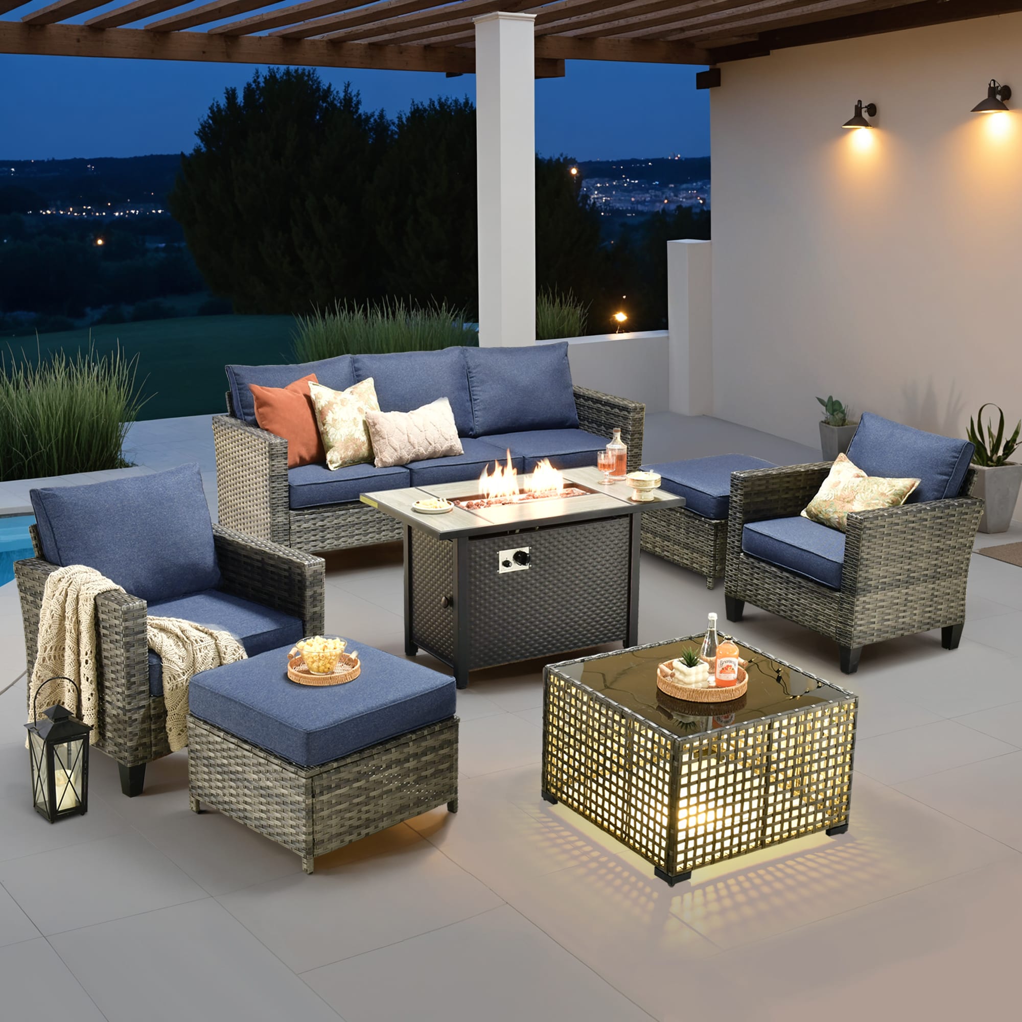 Caodoc L5-CFP03-GRS300-71 Renewed 7 -Piece Rattan 3 Patio Sofa Conversation Set with Blue RJR Fabrics Cushions