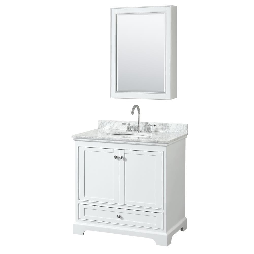 Wyndham Collection WCS202036SWHCMUNOMED Deborah 36-in White with Polished Chrome Trim Undermount Single sink Bathroom Vanity with White Carrara Marble Natural marble Top (Mirror Included)