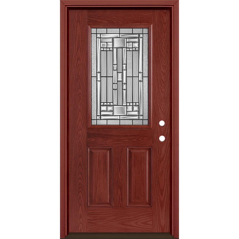 Masonite 3421029 Naples 36-in x 80-in x 4-9/16-in Fiberglass Half lite Left-hand inswing Wineberry Stained Prehung Single door Front Door with Brickmould Insulating core Decorative glass