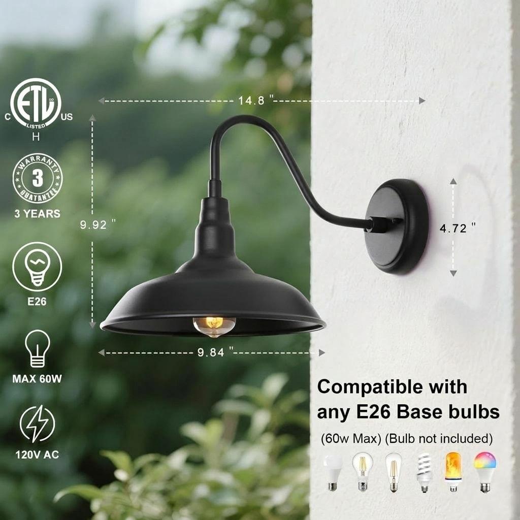 Oyezvary Black Gooseneck Barn Light 10 Inch Dome Outdoor Wall Sconce ...