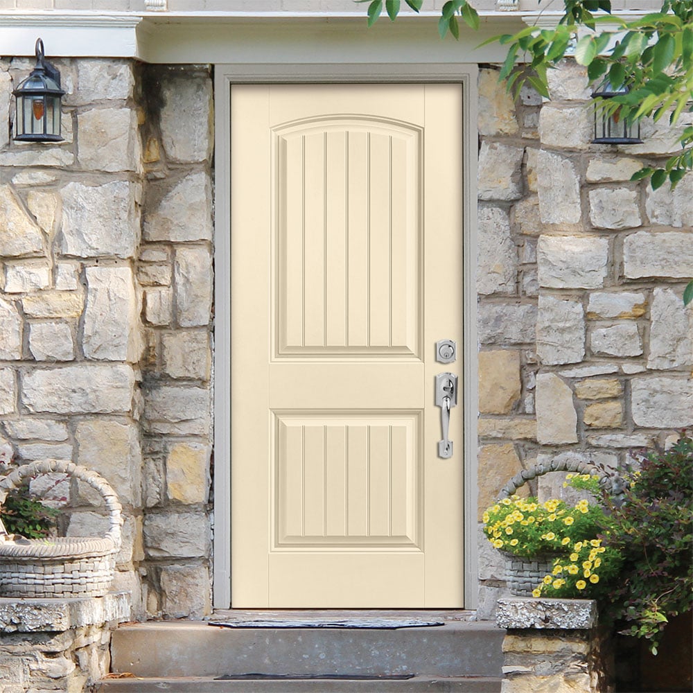 Masonite 1218271 36-in x 80-in x 4-9/16-in Fiberglass No glass Left-hand inswing Bisque Painted Prehung Front Door with Brickmould Insulating core