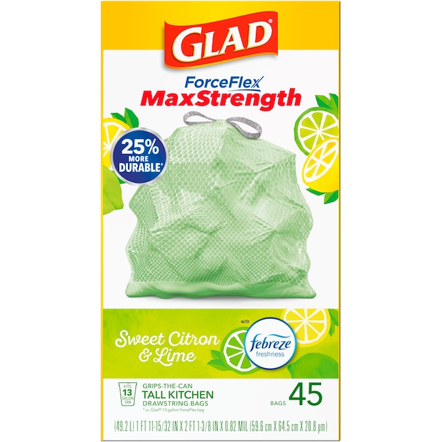 Glad Force Flex MaxStrength 13-Gallons Febreze Sweet Citron and Lime Green  Plastic Kitchen Drawstring Trash Bag (45-Count) in the Trash Bags  department at