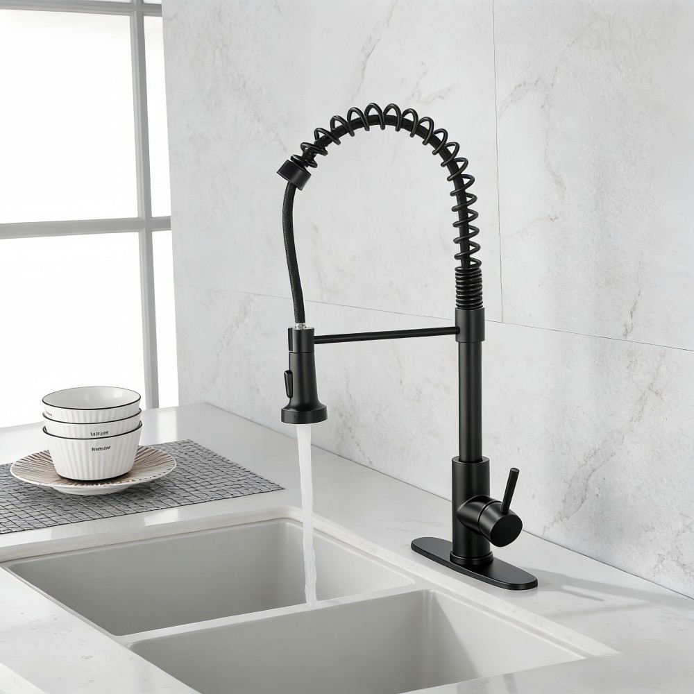 Numhew 15in H 1-Handle Pull Down Sprayer Spring Matte Black Commercial Kitchen Sink Faucet