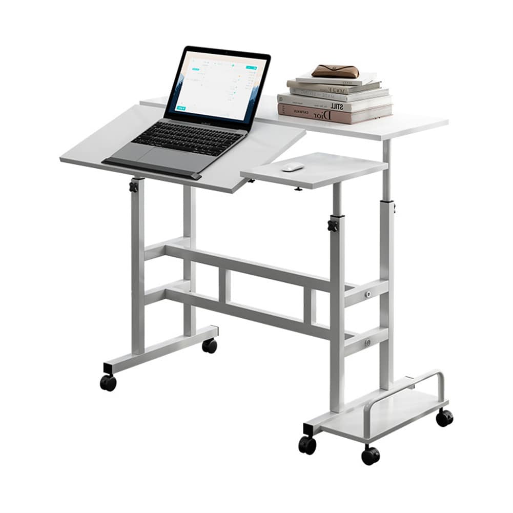 Qeetex NL-PEP-334JQ7LA White 1 Set Wooden Adjustable Height Rolling Mobile Foldable Computer Desk Standing Workstation Bedside Writing Table Small Single Desk