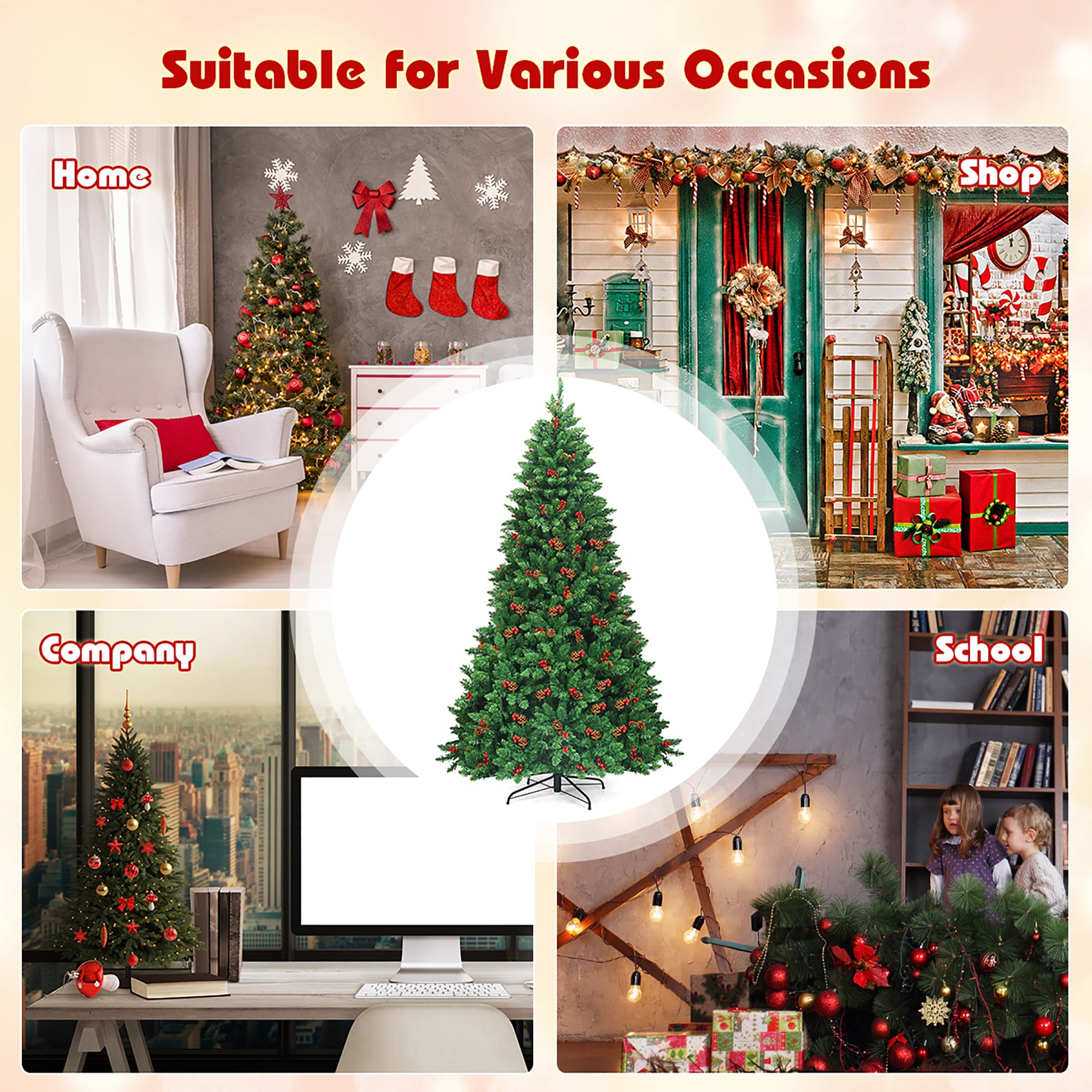 7.5' Green PVC Spruce Christmas Tree with Pine Cones and LED Lights