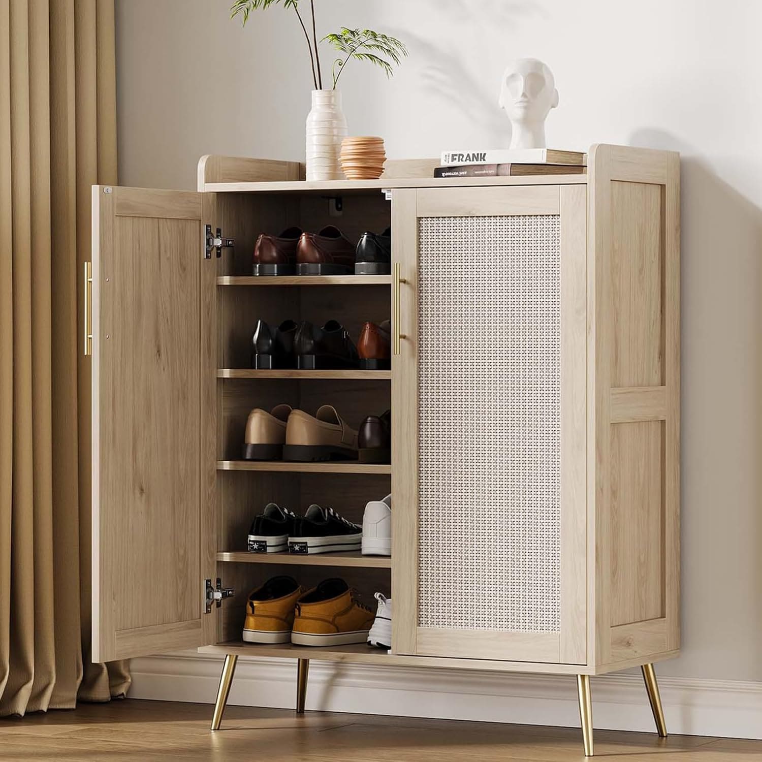 Qeetex Rattan Shoe Cabinet 5-Tier Shoe Storage Cabinet with Doors 2 Adjustable Shelves and Heavy Duty Metal Legs Farmhouse Shoes Organizer for Entryway Hallway Living Room Oak