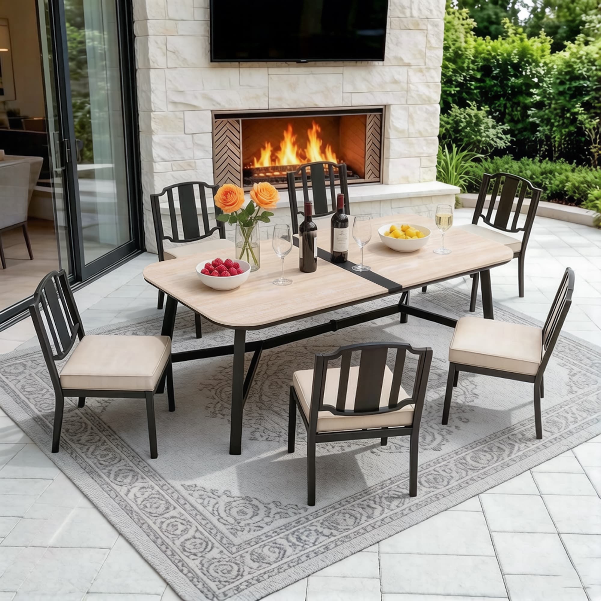 PEAK HOME FURNISHINGS - 7 -Piece Brown Patio Dining Set Aluminum Rectangle Table with 6 Beige Cus...