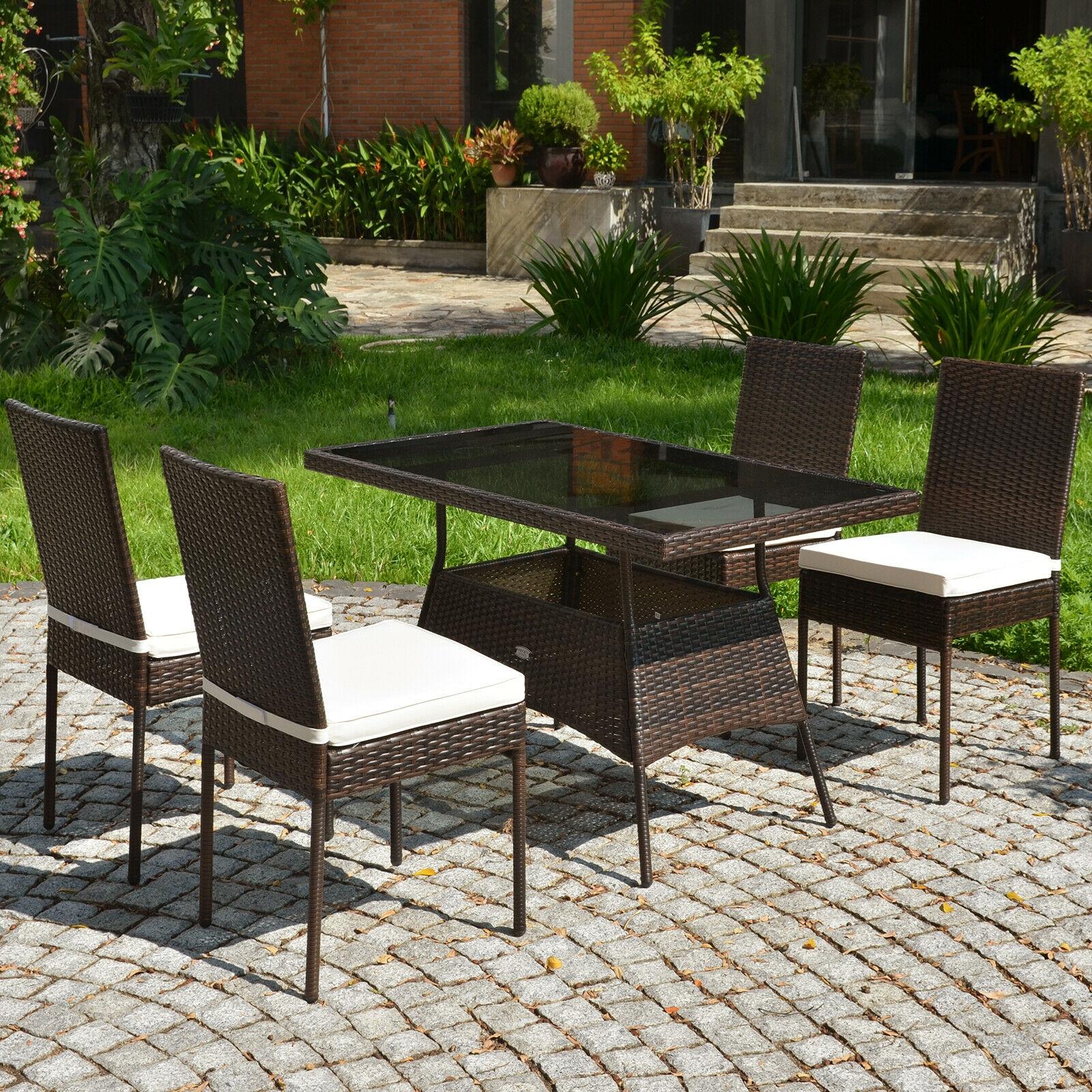 BABOOM BOM-6855-C+-CO Patio Dining Set 5 -Piece Brown Rattan Patio Dining Set Rattan Rectangle Table with 4 White Cushions Stationary Chairs
